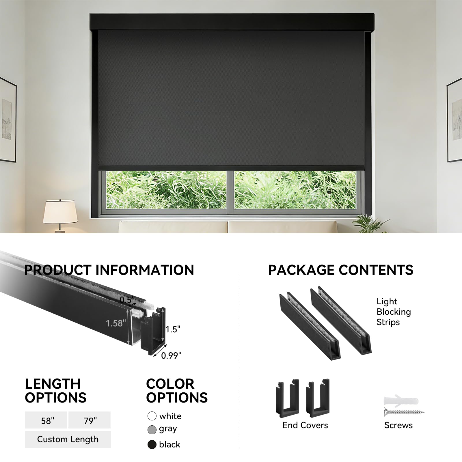 ZSTARR PVC Light Blockers Blackout Light Blockers Side Tracks for Window Shades Blinds Side Tracks for Blackout Shades Easy to Install Light Blocking Strips for Bedroom (Black, 58",2Pcs)