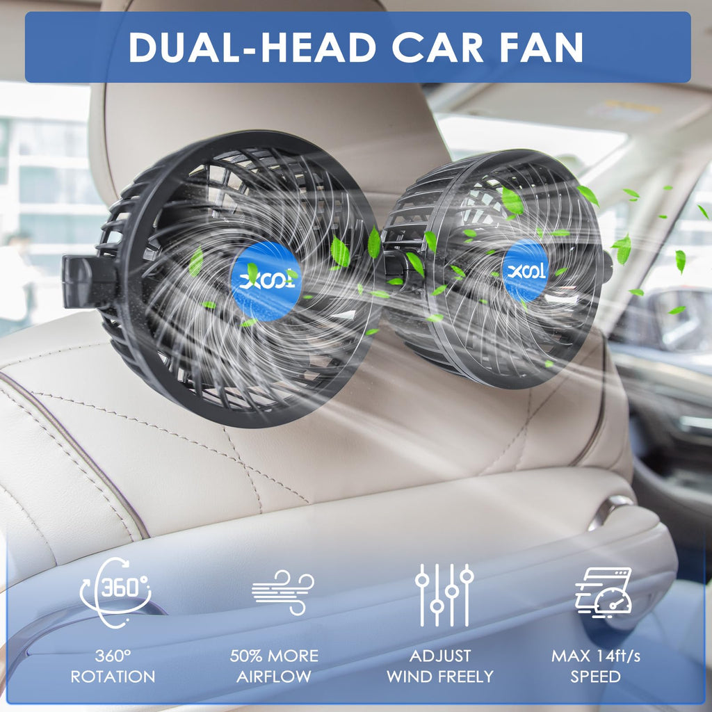 XOOL Clip Car Fan, 9 Inches 12V/24V Fan, 360° Rotatable Electric Cooling Clip on Fan with Stepless Speed Regulation for SUV, RV, Truck