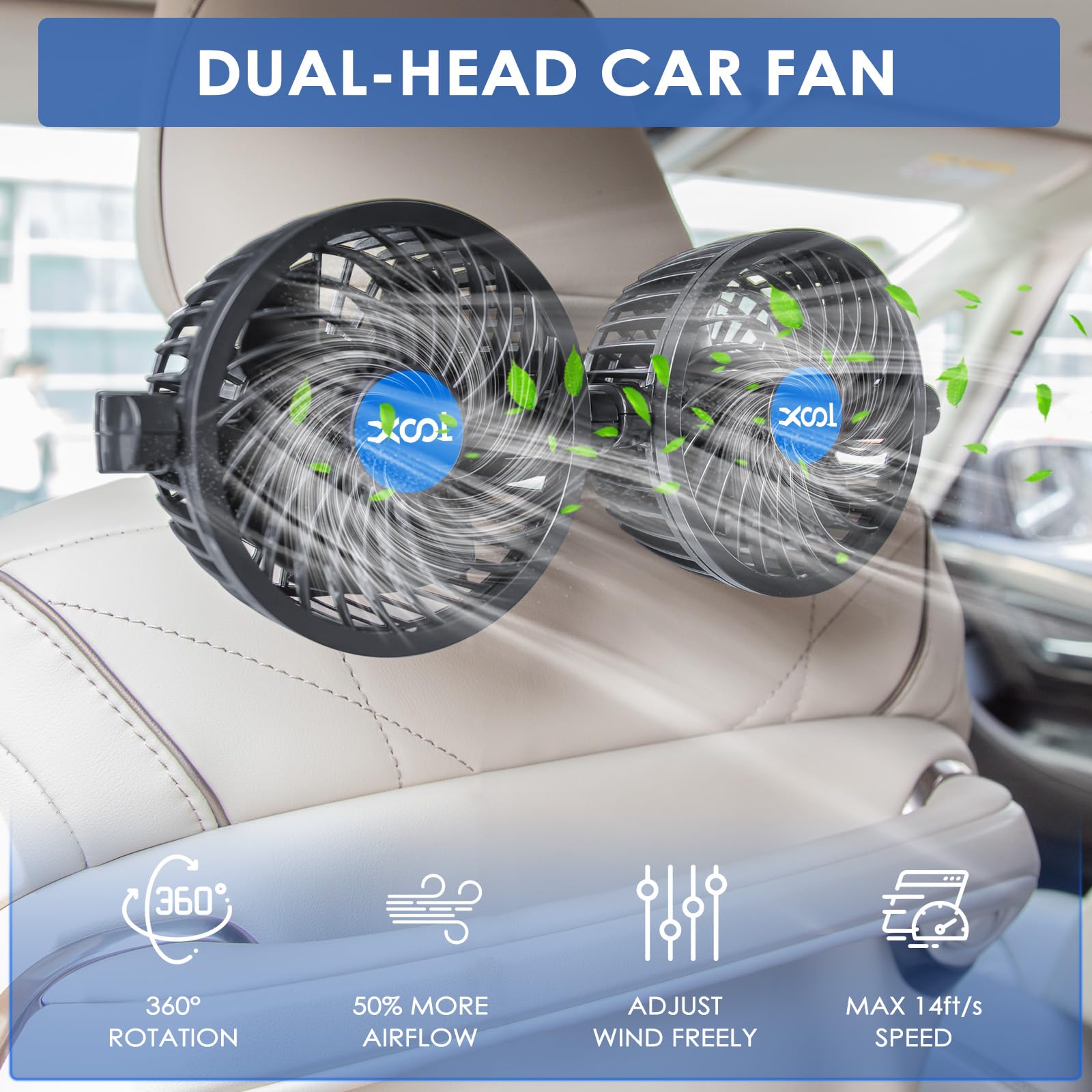 XOOL Clip Car Fan, 9 Inches 12V/24V Fan, 360° Rotatable Electric Cooling Clip on Fan with Stepless Speed Regulation for SUV, RV, Truck