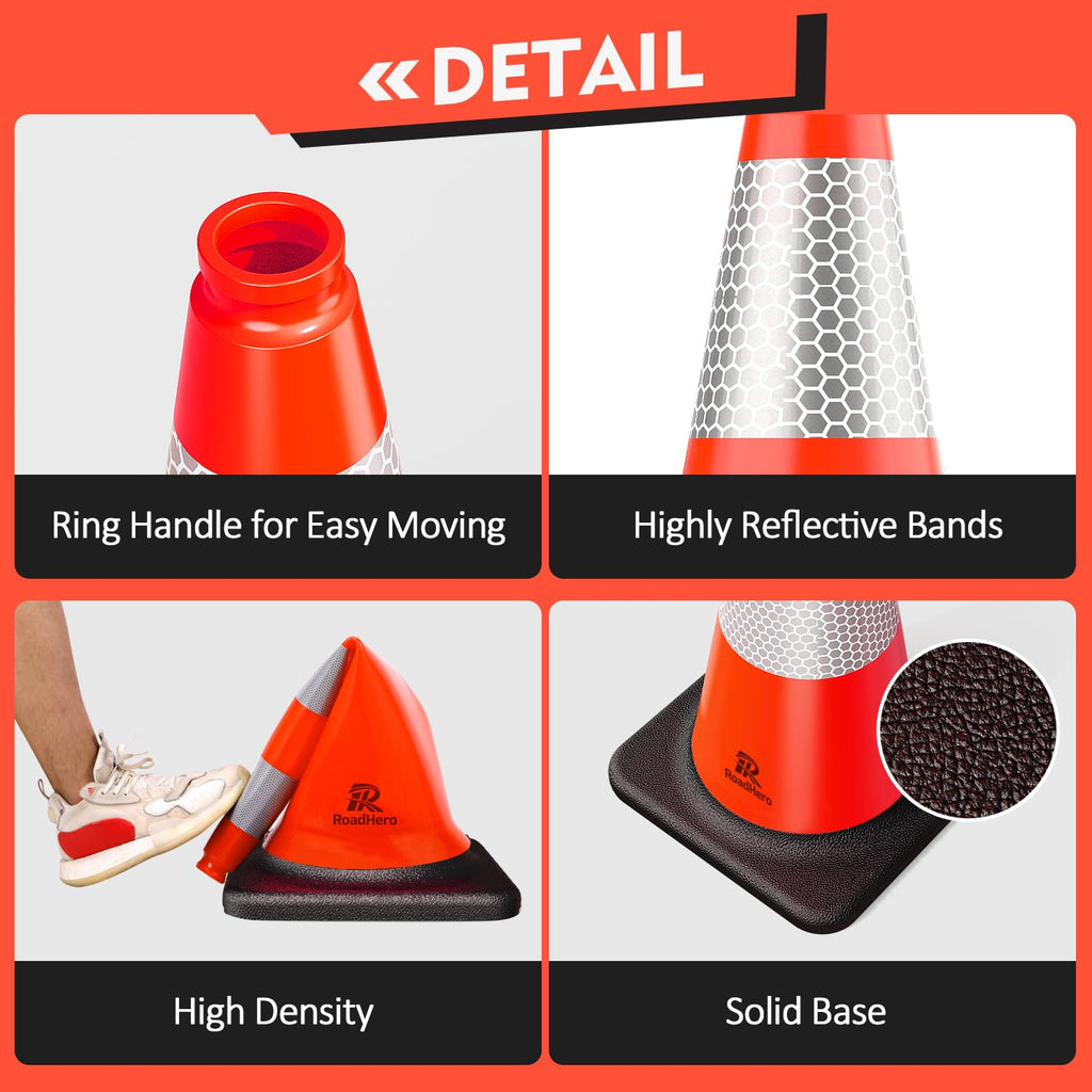 RoadHero 4 Pack Traffic Safety Cones 18 Inch with Black Weighted Base, Plastic PVC Cone, Orange Cones with Reflective Collar, Cones for Parking Lot, Construction Events, Road Safety
