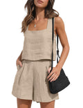 Womens Linen 2 Piece Outfits Lounge Sets sleeveless Tank Tops and High Waist Shorts Summer Vacation Set