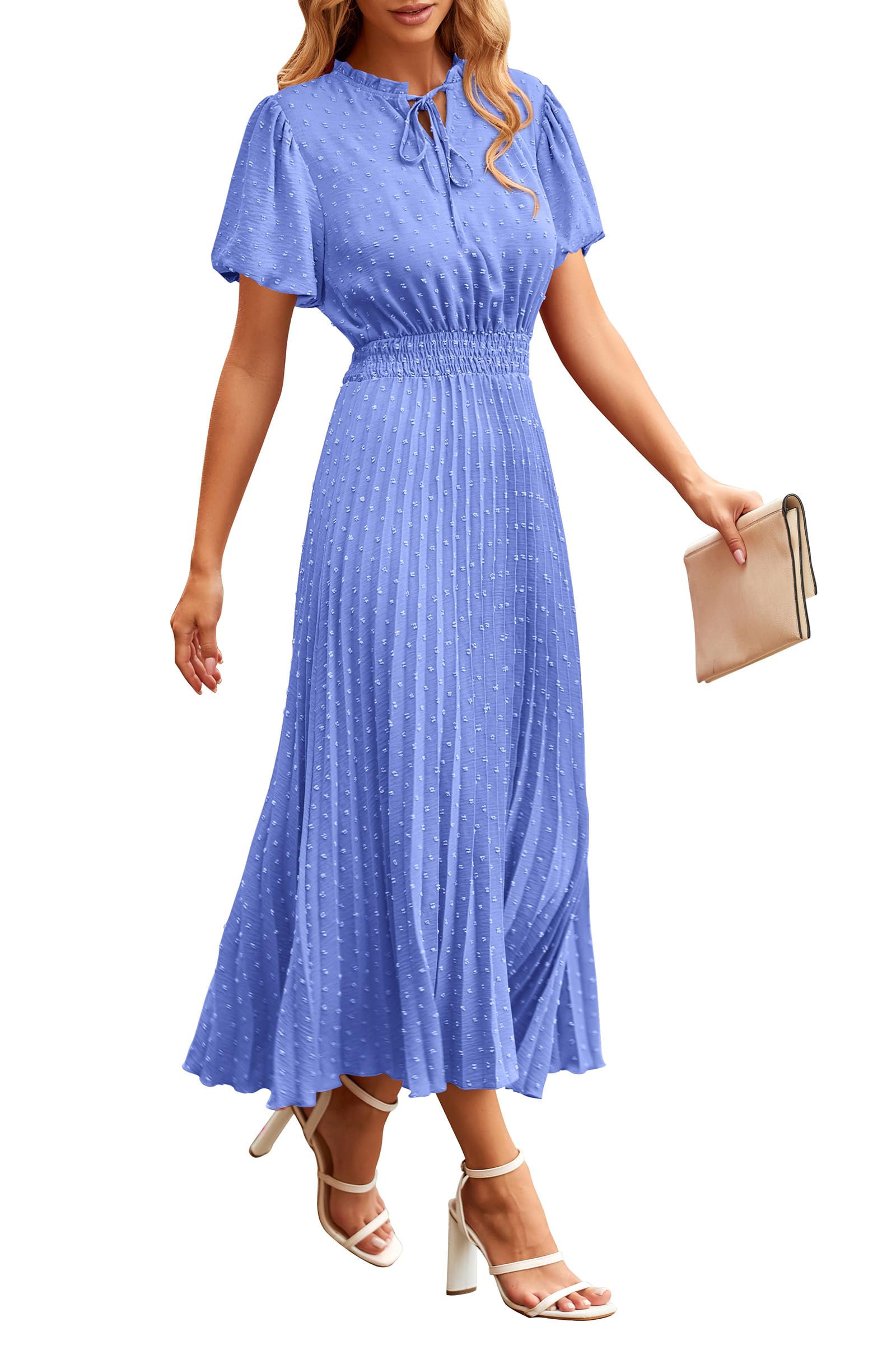 PRETTYGARDEN Womens Summer Midi Dresses Puff Short Sleeve V Neck Swiss Dot Pleated A Line Flowy Long Wedding Guest Dress
