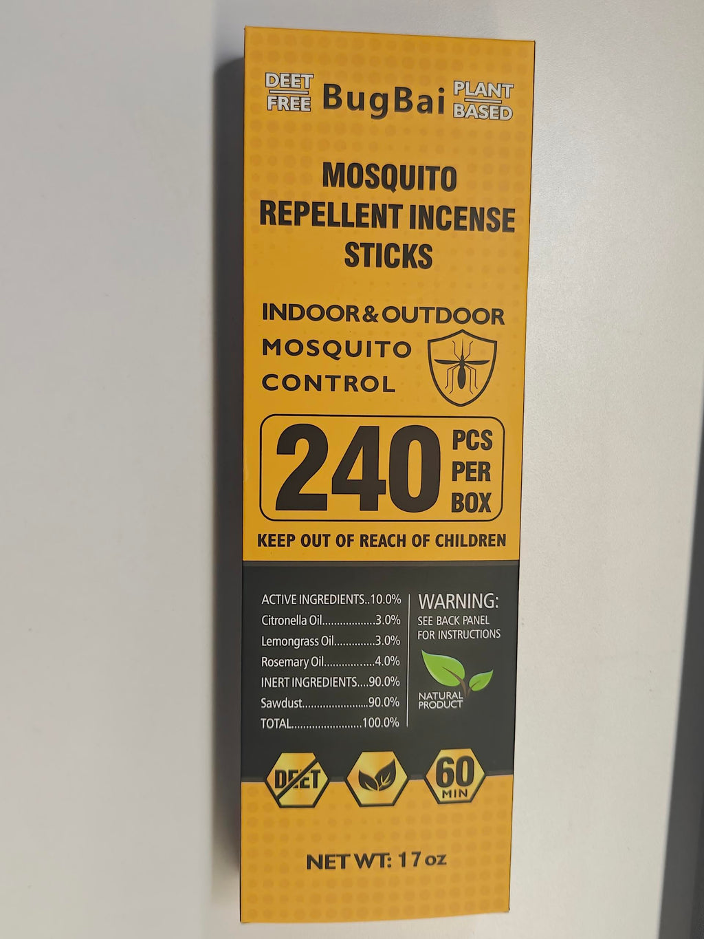 BugBai Mosquito Repellent Outdoor Patio 120 PCS, Citronella Oil Mosquito Incense Sticks Indoor Home Pet Family Safe, Natural Plant-Based Bug Insect Barrier for Yard Garden Lawn Camping Fishing, 0.5 lb