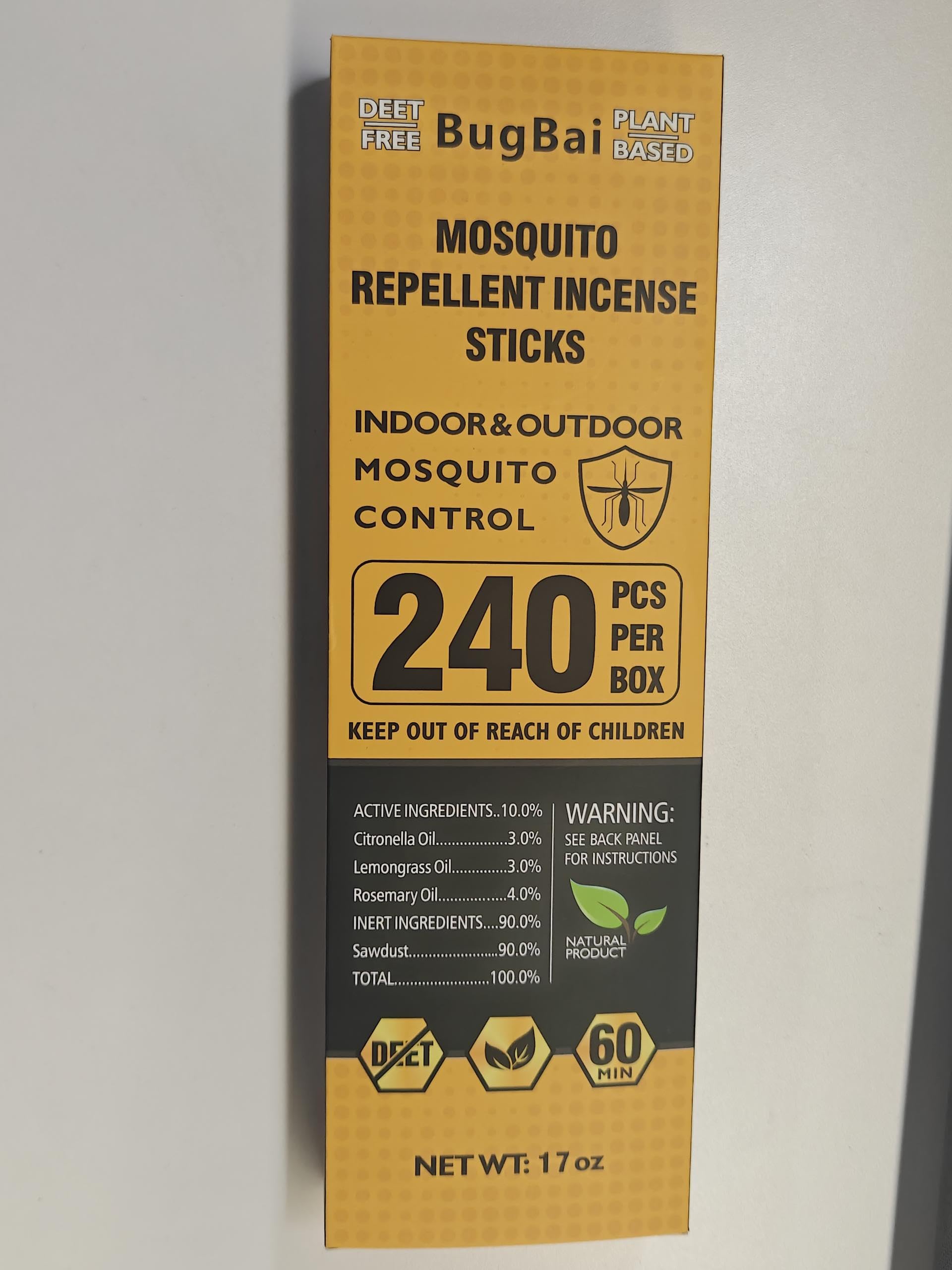 BugBai Mosquito Repellent Outdoor Patio 120 PCS, Citronella Oil Mosquito Incense Sticks Indoor Home Pet Family Safe, Natural Plant-Based Bug Insect Barrier for Yard Garden Lawn Camping Fishing, 0.5 lb