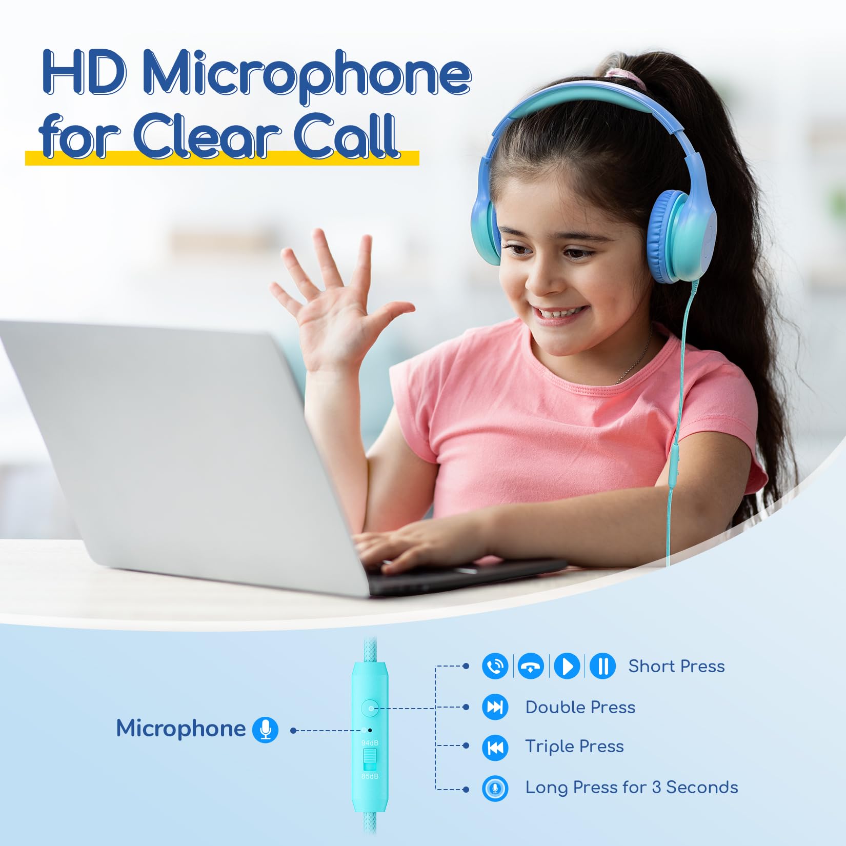 EarFun K1 Kids Headphones Wired with Microphone, 85/94dB Volume Limit Headphones for Kids, Portable Wired Headphone with Shareport, Stereo Sound Foldable Headset for School/Tablet/iPad, Black Red