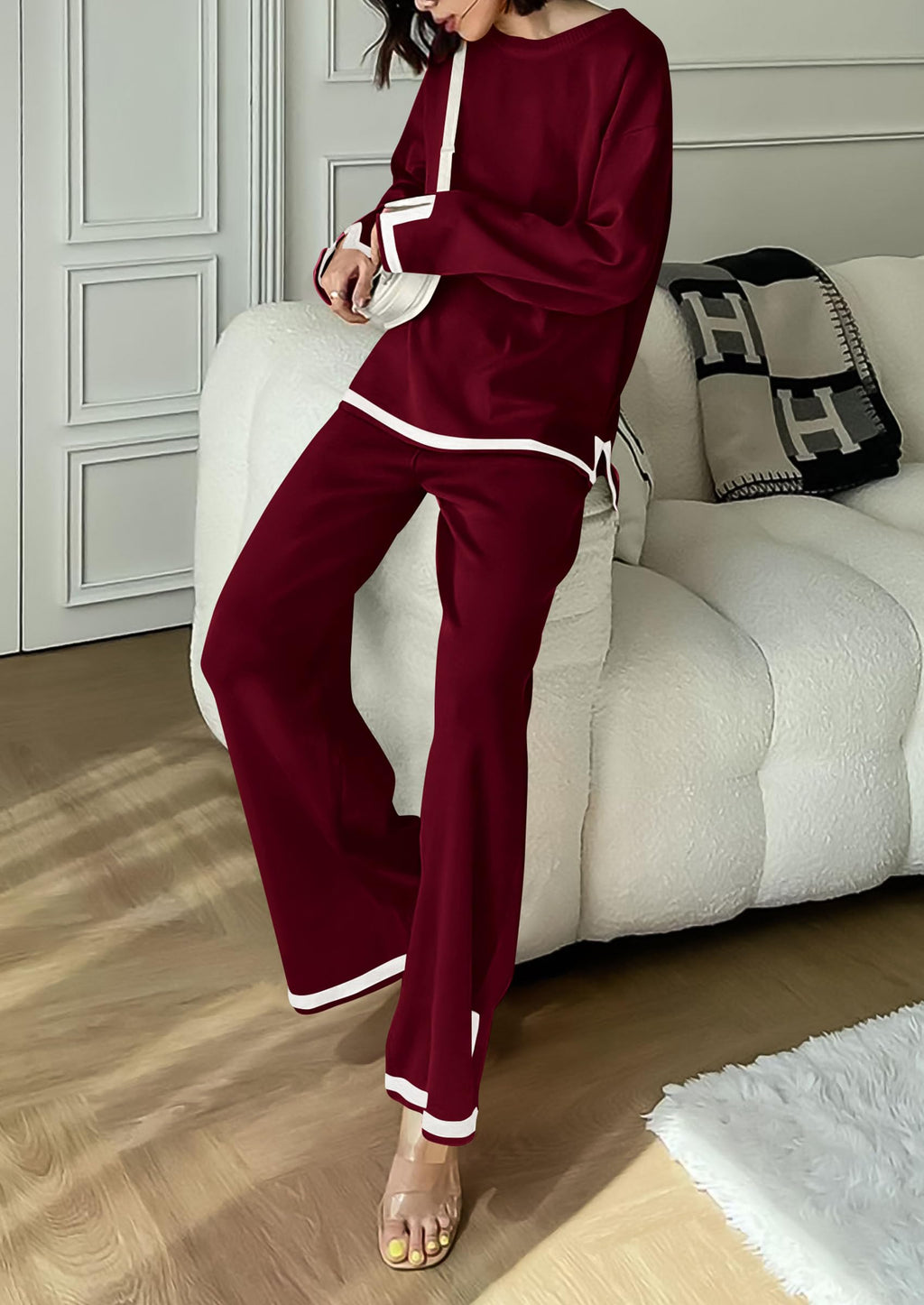 PRETTYGARDEN Women's 2 Piece Knit Sweater Set Travel Outfits | Long Sleeve Tops, Wide Leg Pants, Soft Matching Sweat Track Suits, Casual Fall Winter Clothes for Brunch, Going Out & Cruise