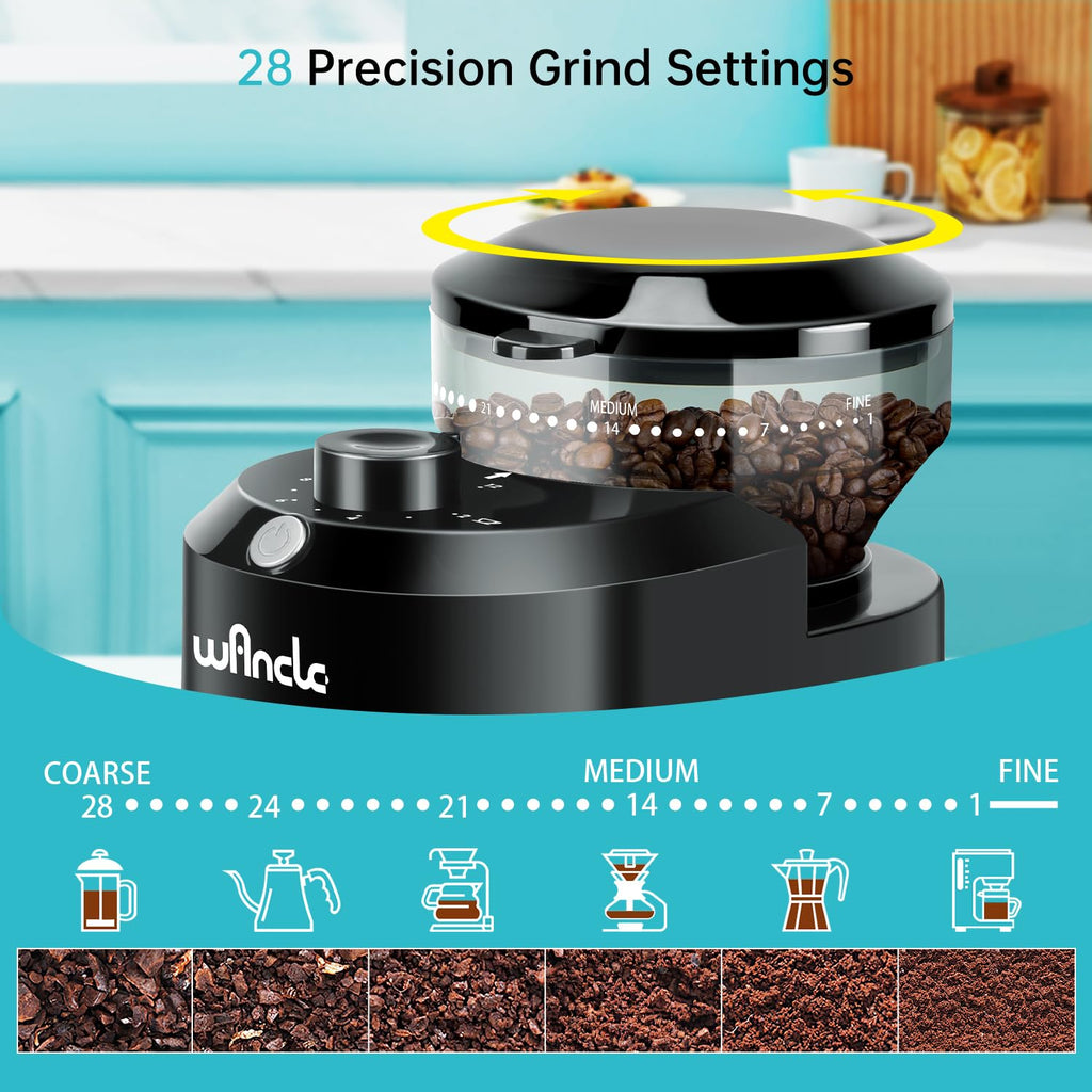 Wancle Electric Burr Coffee Grinder - Adjustable with 28 Precise Grind Settings for 12 Cups - Professional Coffee Bean Grinder (Plastic, Black)