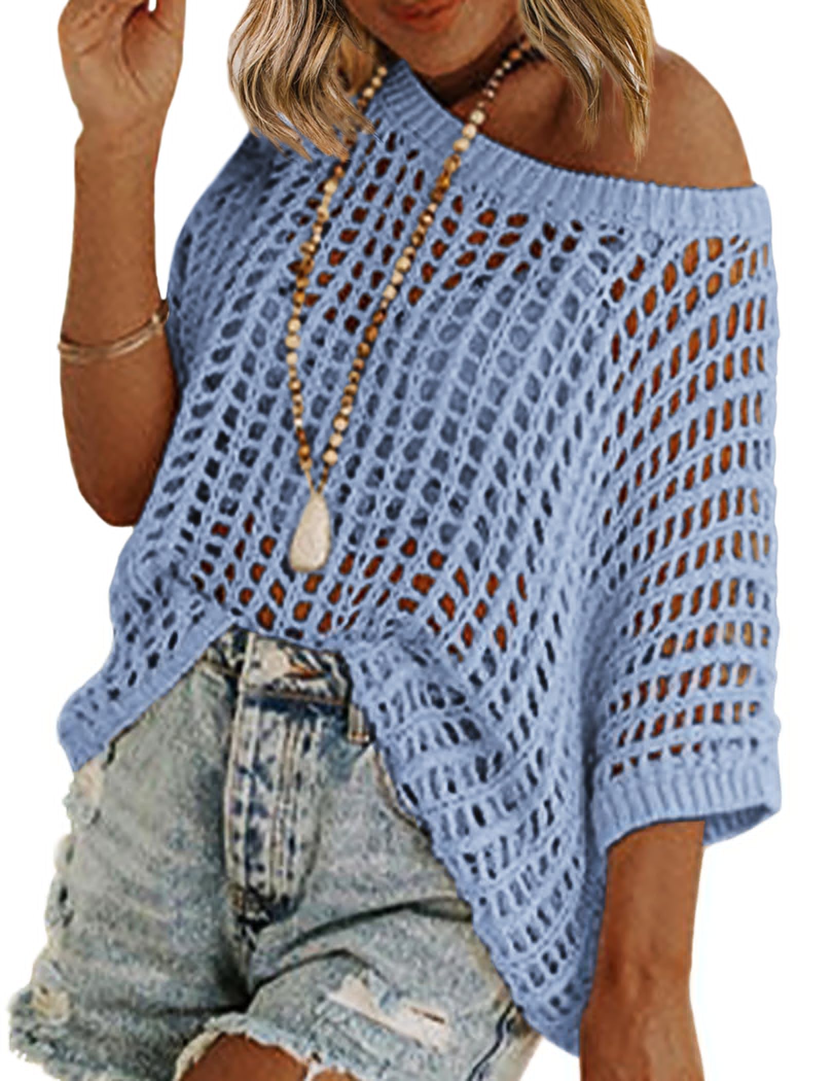 Zeagoo Short Sleeve Crochet Sweater Lightweight Summer Tops Loose Hollow Out Crewneck Pullover
