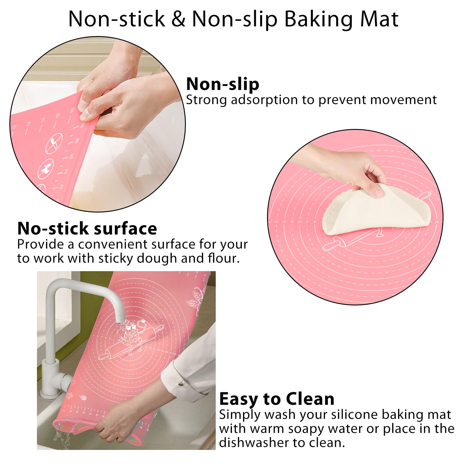 Silicone Baking Mat 24" x 16" Extra Thick Non-stick Pastry Mat with Measurements and Edge Heightening, Food Grade Silicone for Countertop Dough Rolling Making Bread, Cookies, Pizza, Fondant, Pasta