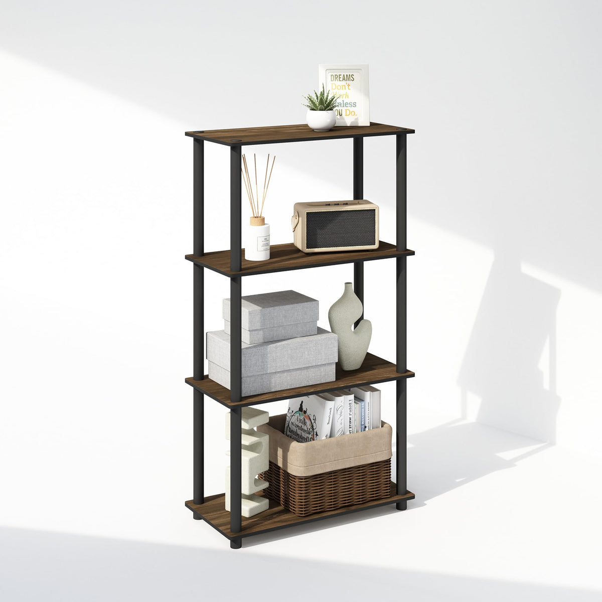 Furinno Turn-N-Tube Book Shelf, 4-Tier Bookshelf, Bookcase with Multipurpose Compact Display Rack, 11.6 x 23.6 x 43.2, for Living Room, Bedroom, Home Office, Americano/Black