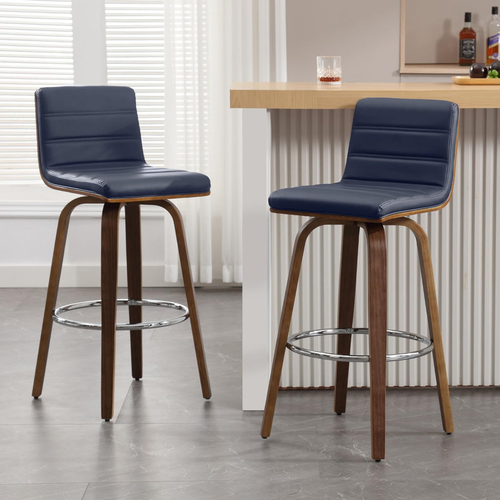 Bar Stools 29 Inch Bar Height, Swivel Bar Stools with Backs Upholstered PU Leather Barstool, L Shape Back and Padded Seat, Mid-Century Modern Bar Stool Pub Chairs for Kitchen Counter Island, Black