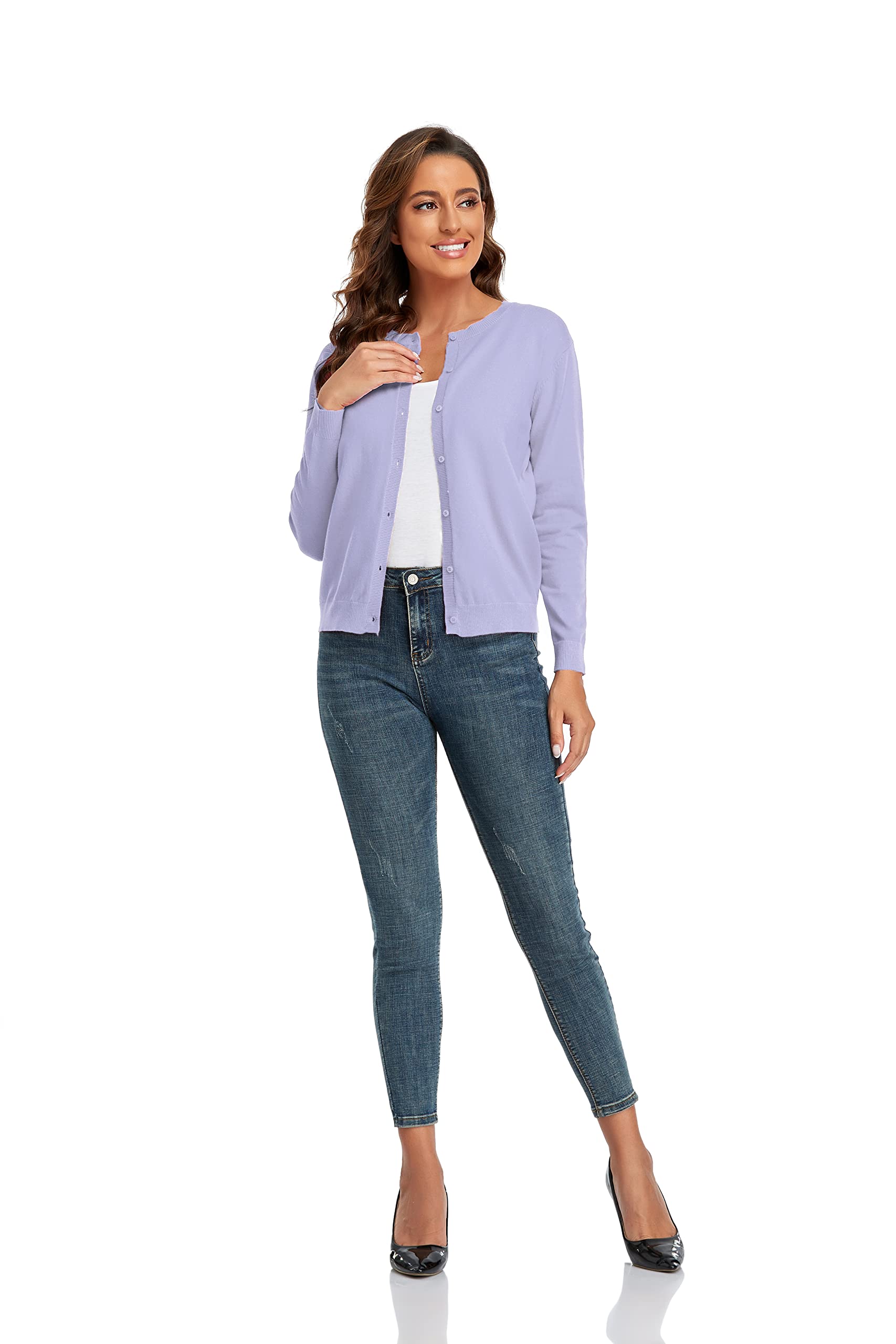 CUNYI Women's Crew Neck Cardigan Long Sleeve Sweater for Women Button Down Soft Knit Ladies Cardigan Sweates Coat