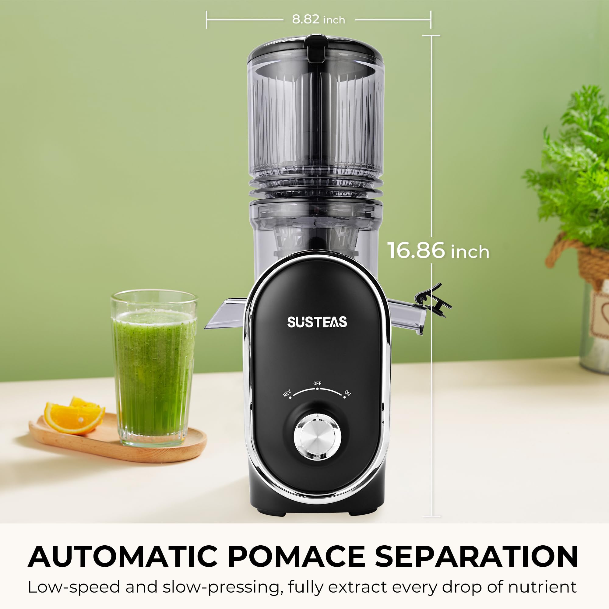 SUSTEAS Cold Press Juicer, 5.3" Feed Chute Slow Masticating Machines with 300W, Fit Whole Fruits & Vegetables, High Juice Yield, Easy to Clean, White