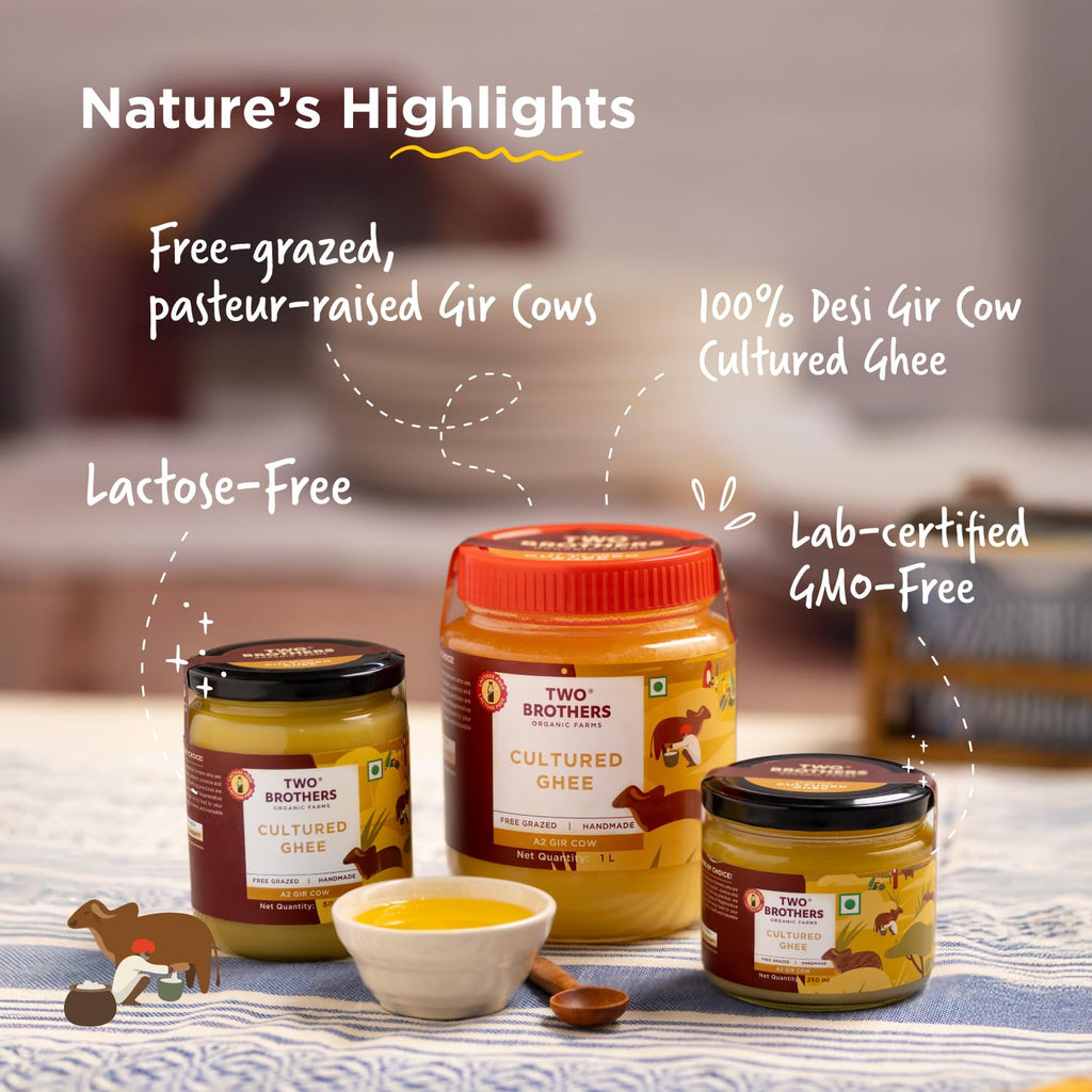 Grass Fed A2 Cultured Ghee | Gir Cow Ghee | Clarified Butter | Cultured Desi Ghee,Non-GMO, Lactose-Free, Keto Friendly - Two Brothers Organic Farms (16 fl oz (500 ml) Plastic)
