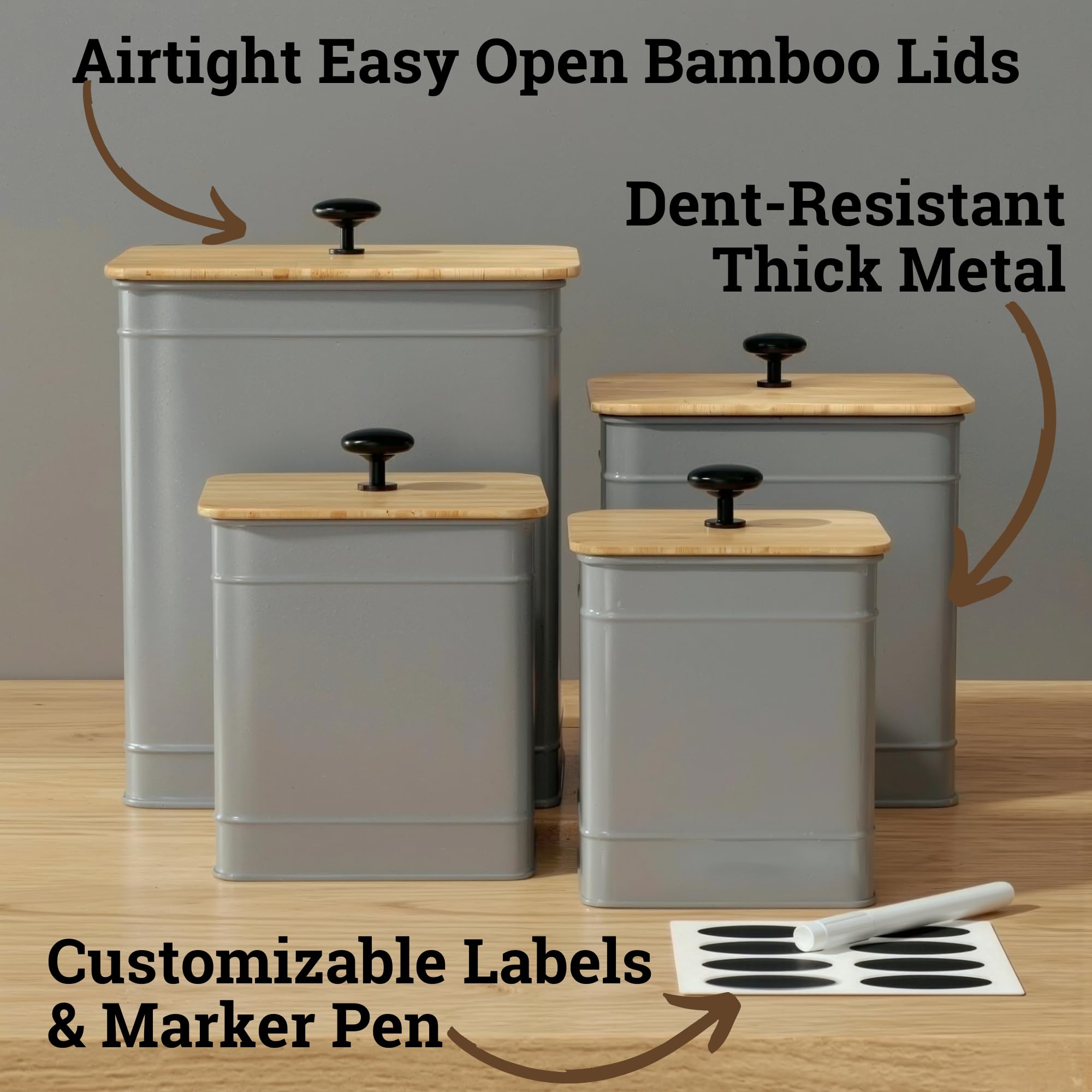 Kitchen Canisters for Countertop Set of 4 w/ Chalkboard Labels & Marker Pen | Airtight Easy Open Bamboo Lids, Dent-Resistant Thick Metal, Customizable Chalkboard Labels, Marker Pen Included, Set of 4