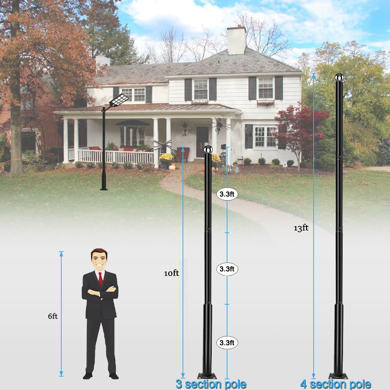 Outdoor Light Pole with Fillable Base, 8ft Cast Iron Lamp Post, 5-Section Heavy Duty Adjustable Pole for Garden, Yard, Pathway & Parking Lot, Portable Sand/Water Box Street Light Stand