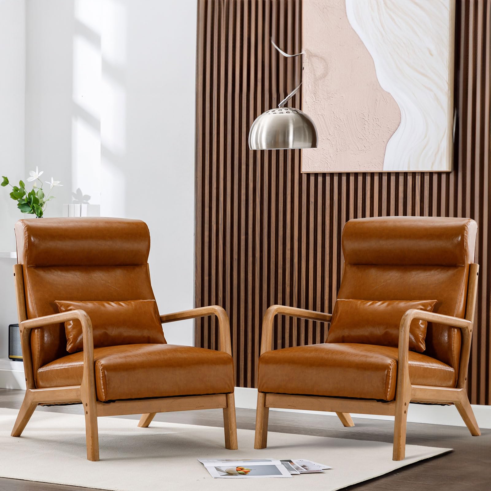 ANJ Mid Century Modern Accent Chair, Comfy Fabric Living Room Chairs with Solid Wood Frame, Lounge Reading Armchair, Easy Assembly, Beige