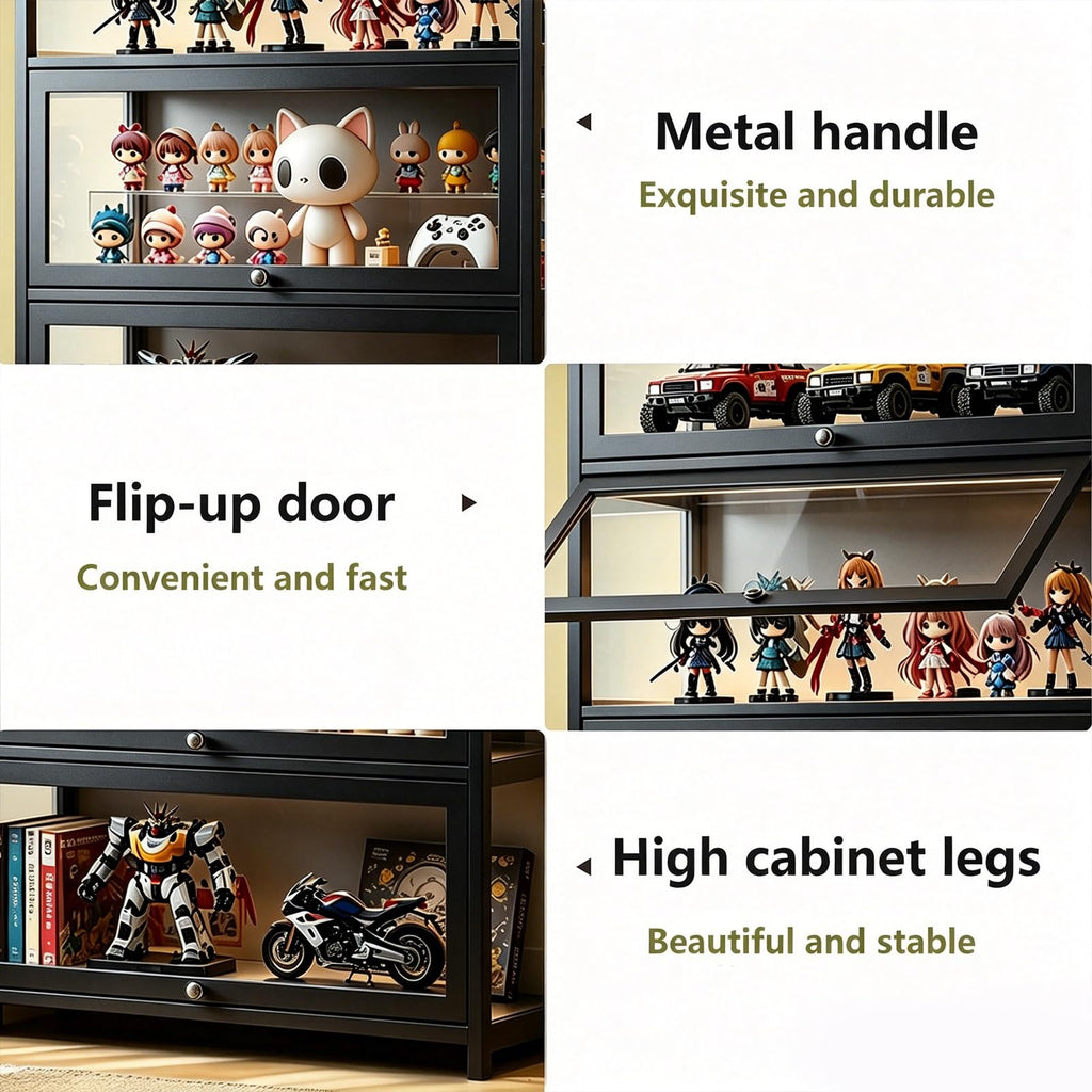 Display Cabinet with Acrylic Glass Door, 5 Tier Curio Display Case, Collectibles Toy Organizers Rack & Display Shelf, Kids Bookcase for Bedroom, Reading Nook, living Room, Bamboo (Black -flip Door)
