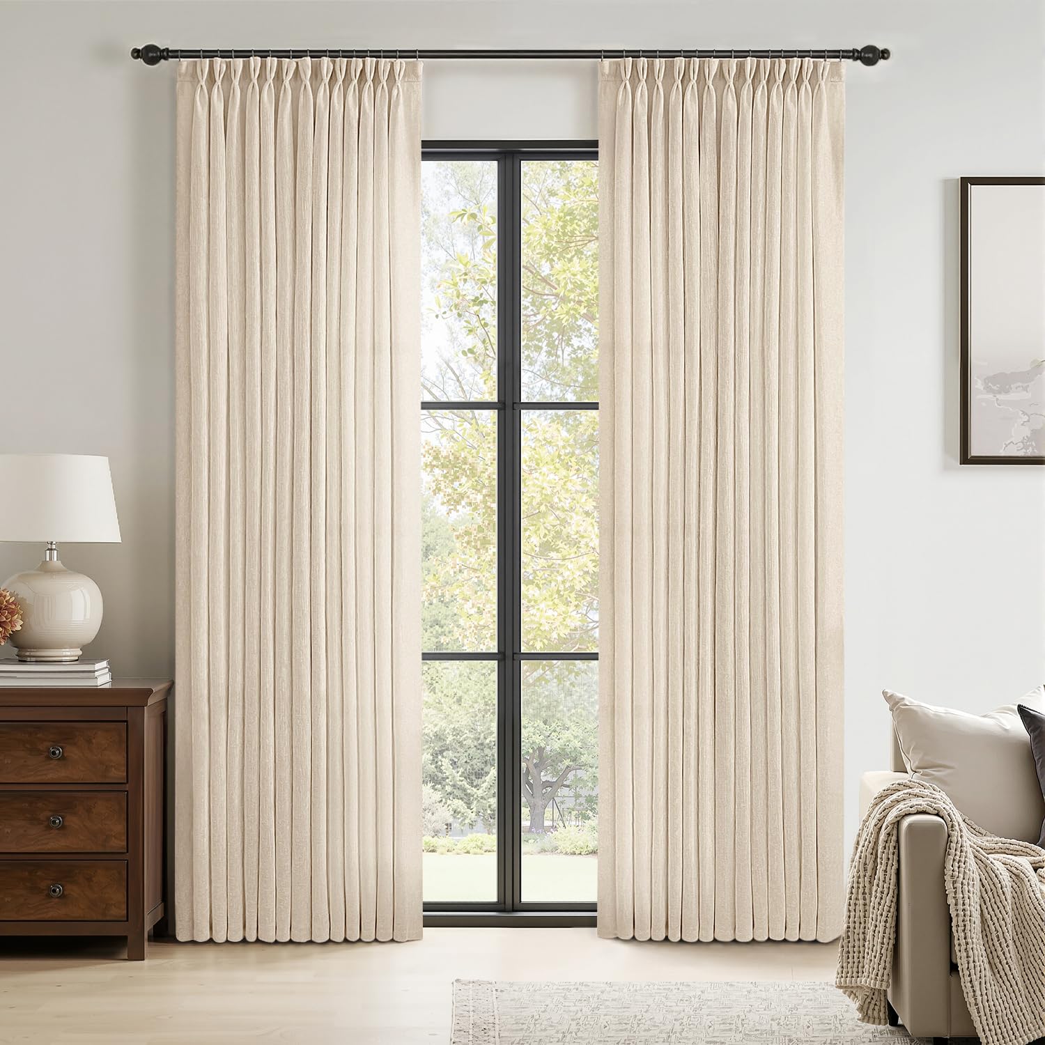 MIULEE Pinch Pleated Linen Curtains 84 Inches Long 2 Panels for Bedroom Living Room, Soft Thick Linen Textured Window Drapes Back Tab Hooks Semi Sheer Light Filtering Farmhouse，Beige
