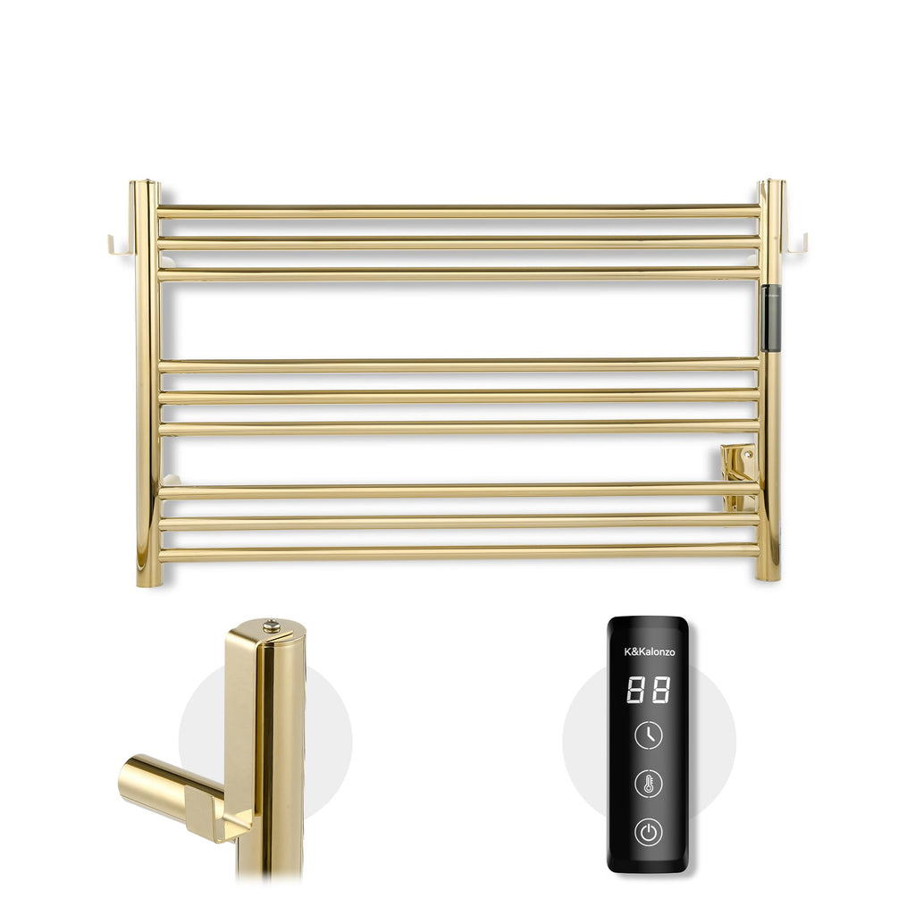 K&KALONZO Wall-Mounted 9-Bar Heated Towel Rack, Fast Heat in 2 Min, NTC Safety | 4 Timers & 3 Heat Levels Control, Plug-In/Hardwired, Top Hooks, Memory Function, Anti-Scald, Stainless Steel, EL13ML
