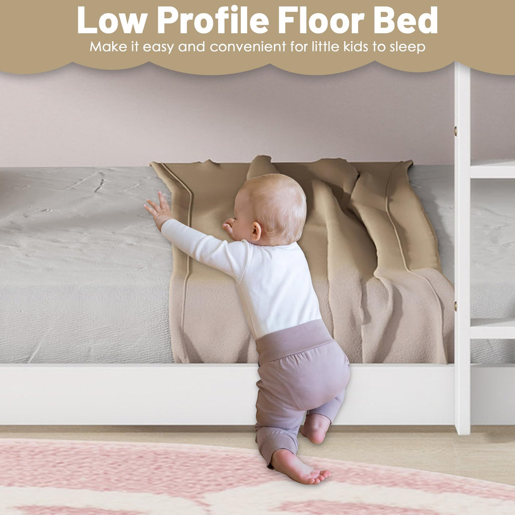 Bunk Bed Twin Over Twin, Wood Low Profile Floor Twin Bunk Beds with Headboard Ladder Guardrails for Kids Boys and Girls, No Box Spring Needed