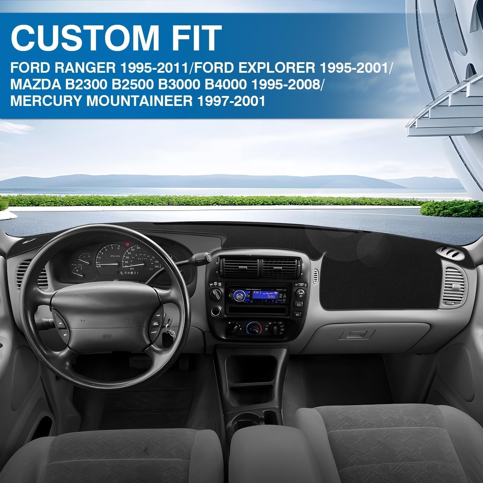 KUST Black Dash Cover for Ford Ranger 1995-2011/Ford Explorer 1995-2001/Mazda B2300 B2500 B3000 B4000 1995-2008/Mercury Mountaineer 1997-2001 Polyester Dashboard Cover Accessories for Ranger