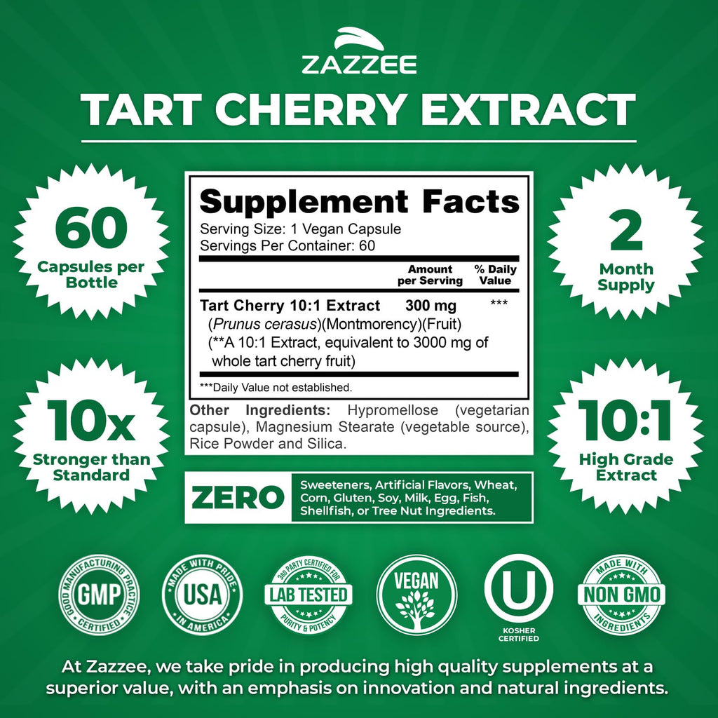 Zazzee Tart Cherry 10:1 Extract, 60 Vegan Capsules, 2 Month Supply, Montmorency Cherry, Certified Kosher, Joint & Uric Acid Support, Antioxidant Support Formula, Non-GMO, Made in the USA