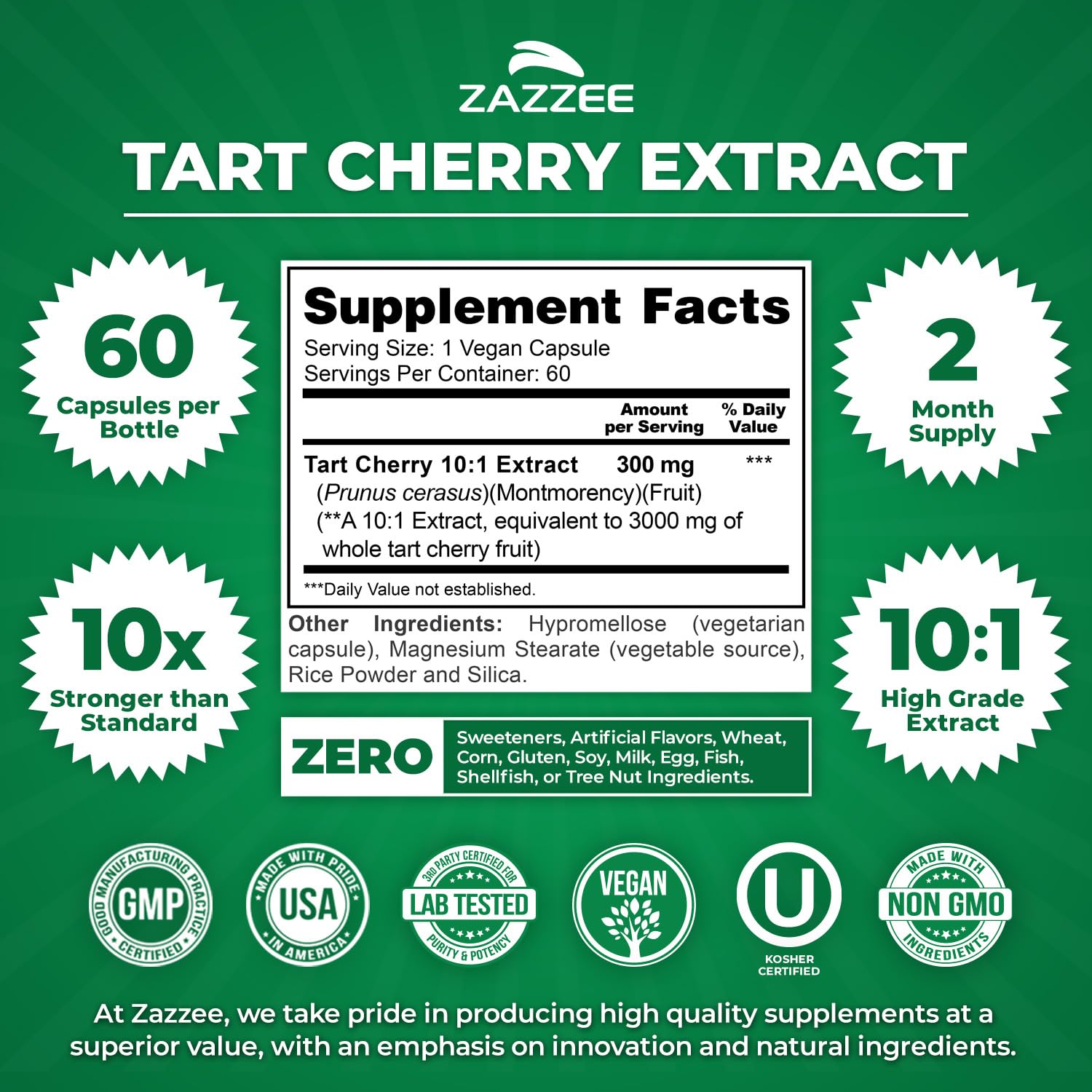 Zazzee Tart Cherry 10:1 Extract, 60 Vegan Capsules, 2 Month Supply, Montmorency Cherry, Certified Kosher, Joint & Uric Acid Support, Antioxidant Support Formula, Non-GMO, Made in the USA