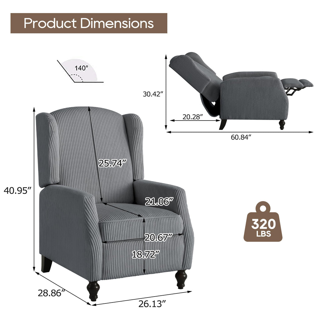 Wingback Chair with Massage and Heat, Tufted Fabric Pushback Recliner Chair, Wingback Recliner Chair with Remote Control, Padded Cushion, Wooden Legs, Small Recliners for Small Spaces