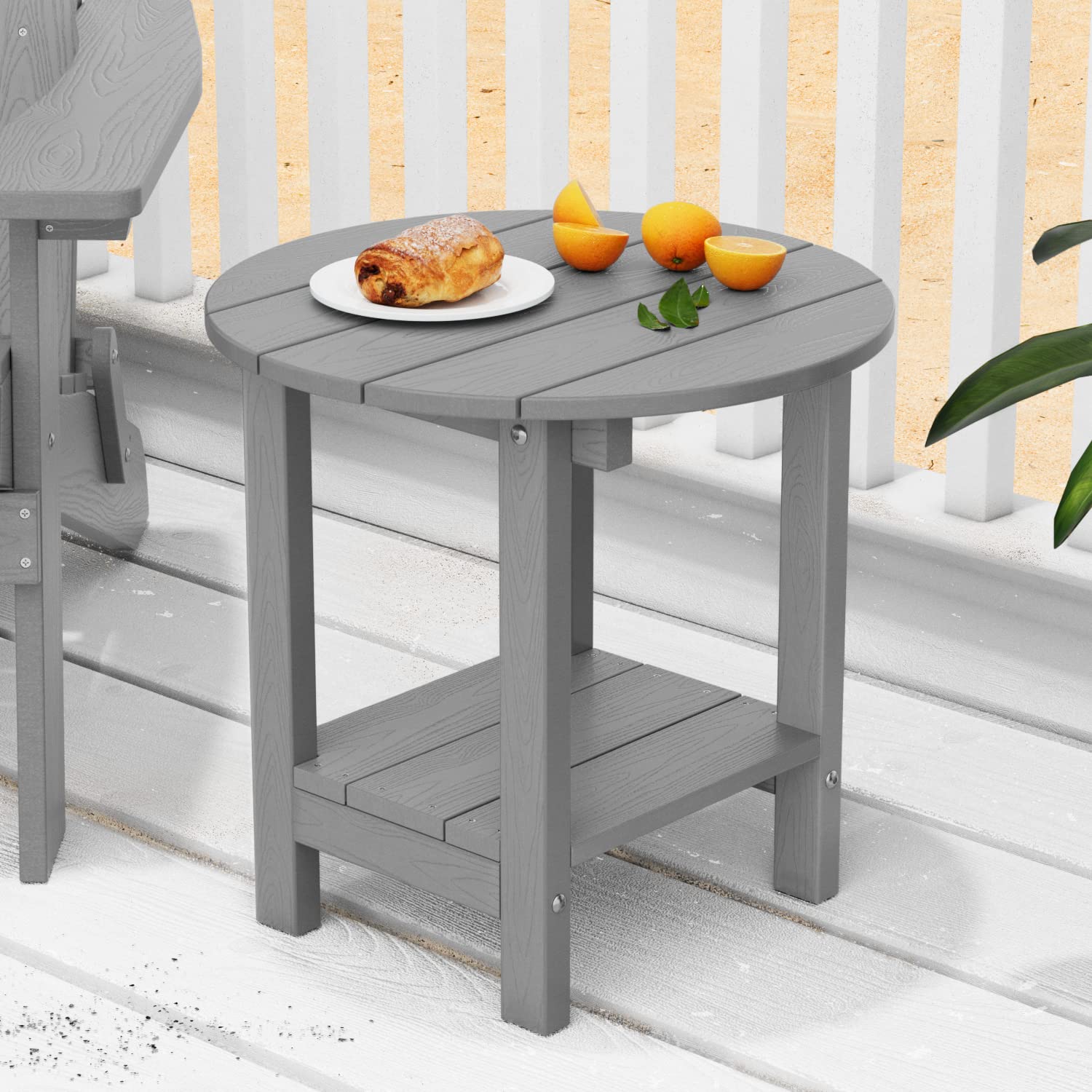 MXIMU Round Outdoor Side Table Adirondack Tables 18 Inch Chairside End Tables with Storage Shelf, 2-Tier Plastic Patio Side Table for Balcony Backyard Lawn (Black, 1 Pack)