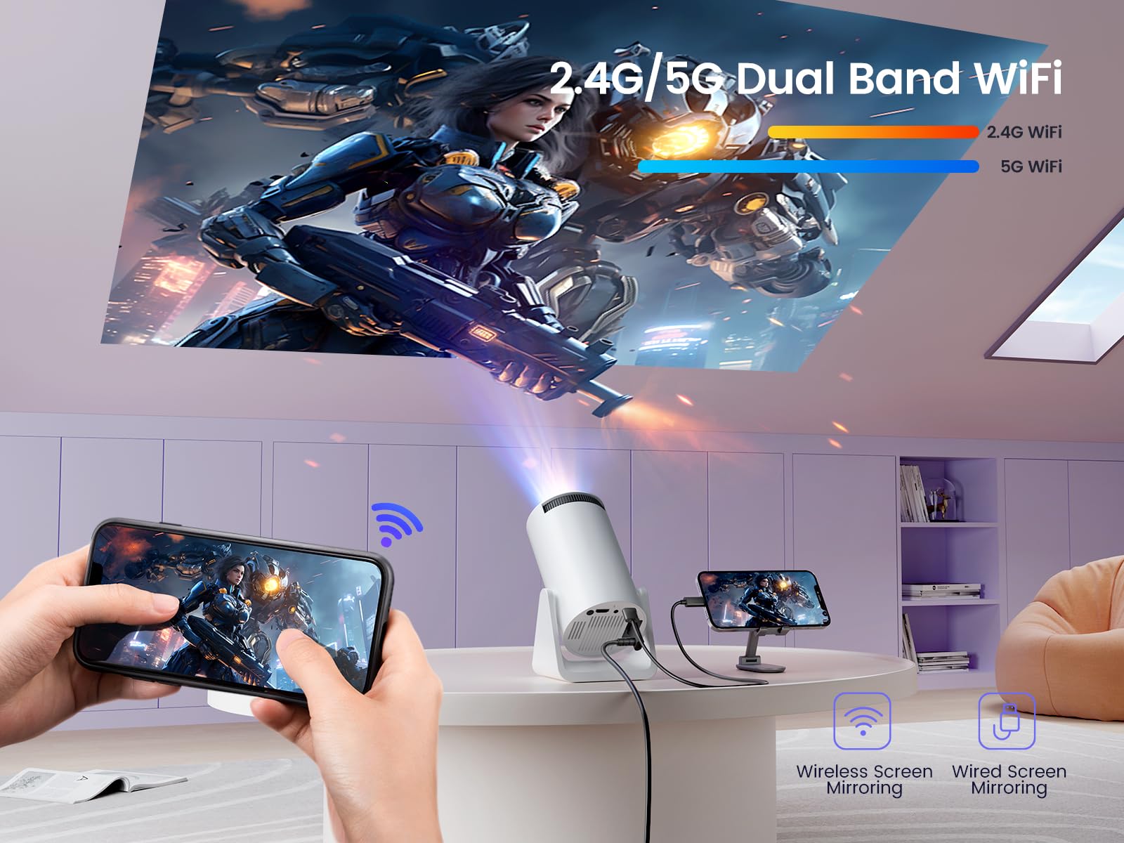 [Short Throw/Adjustable Stand]Mini projector with WiFi and Bluetooth, 2025 Upgrade Outdoor Portable Movie Projector 1080P, Auto Vertical Keystone, Home Projector for Phone/TV Stick, WiMiUS S27 (White)