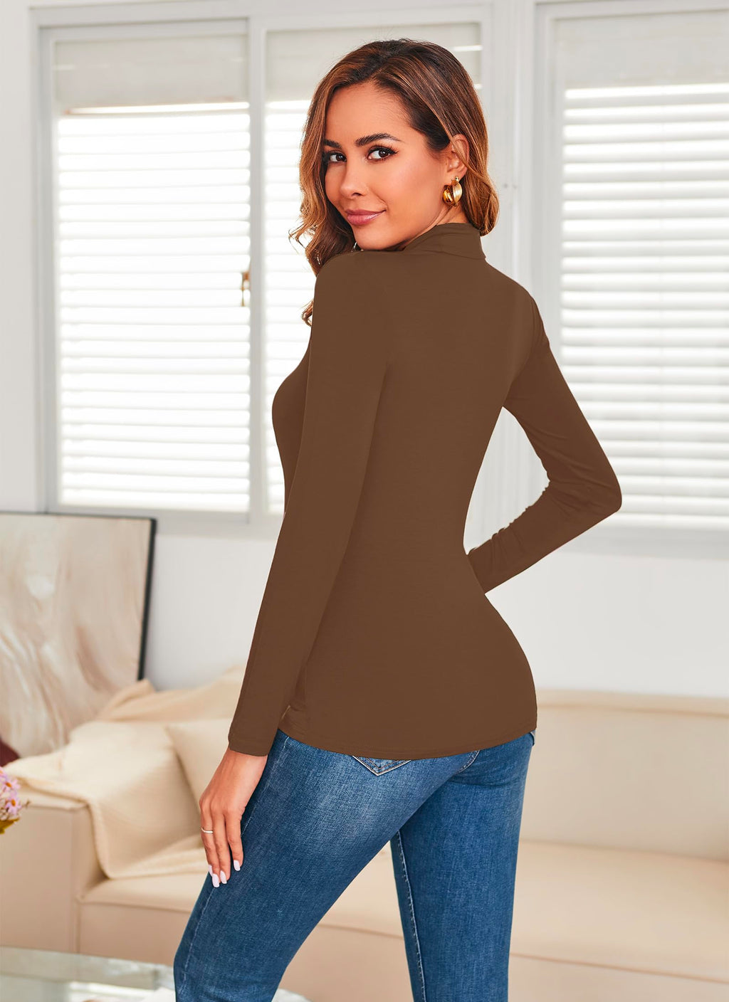 Women's Long Sleeve Mock Turtleneck Tops Casual Slim Fitted Lightweight Under Layer Pullover Shirts