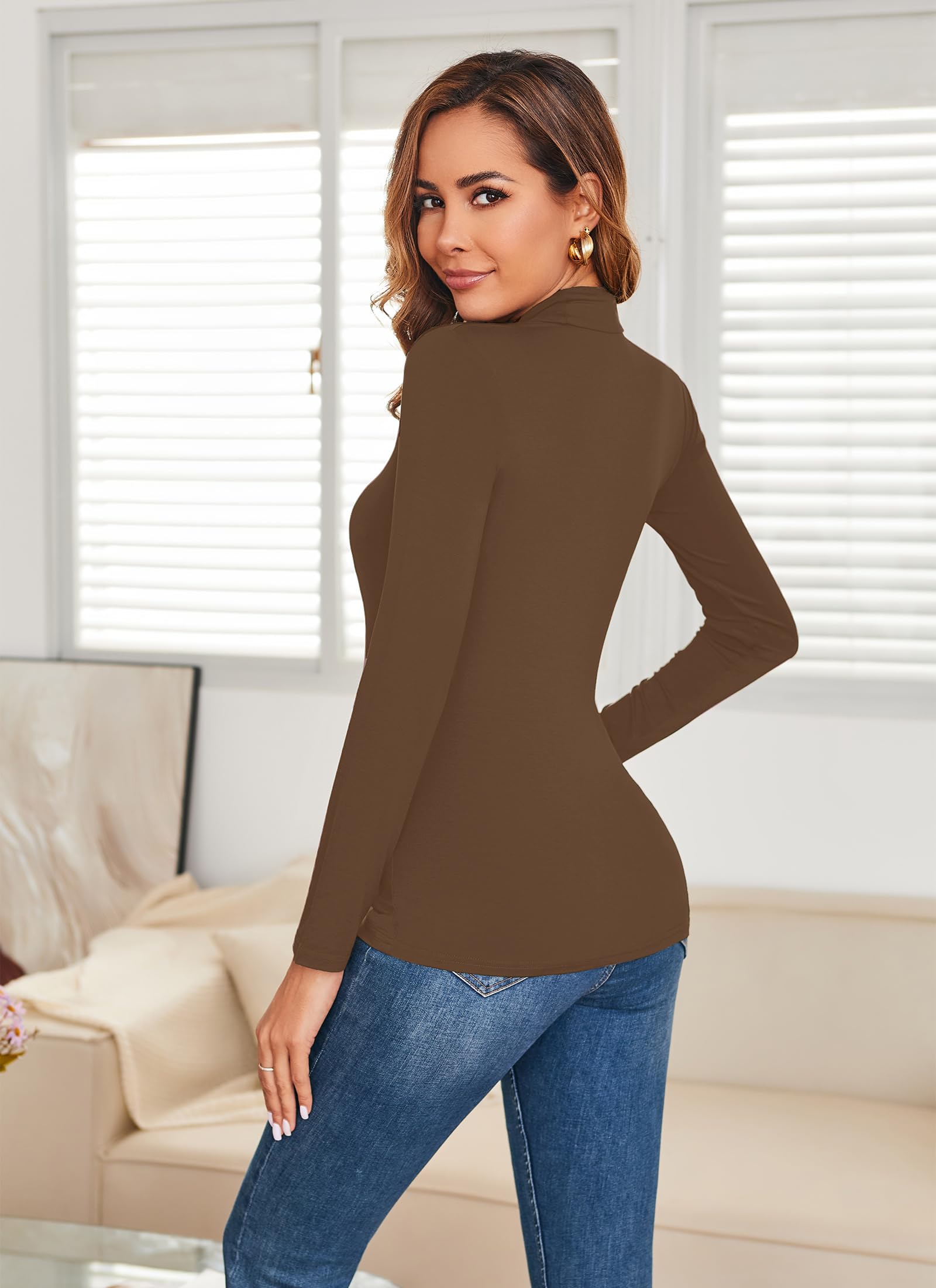 Women's Long Sleeve Mock Turtleneck Tops Casual Slim Fitted Lightweight Under Layer Pullover Shirts