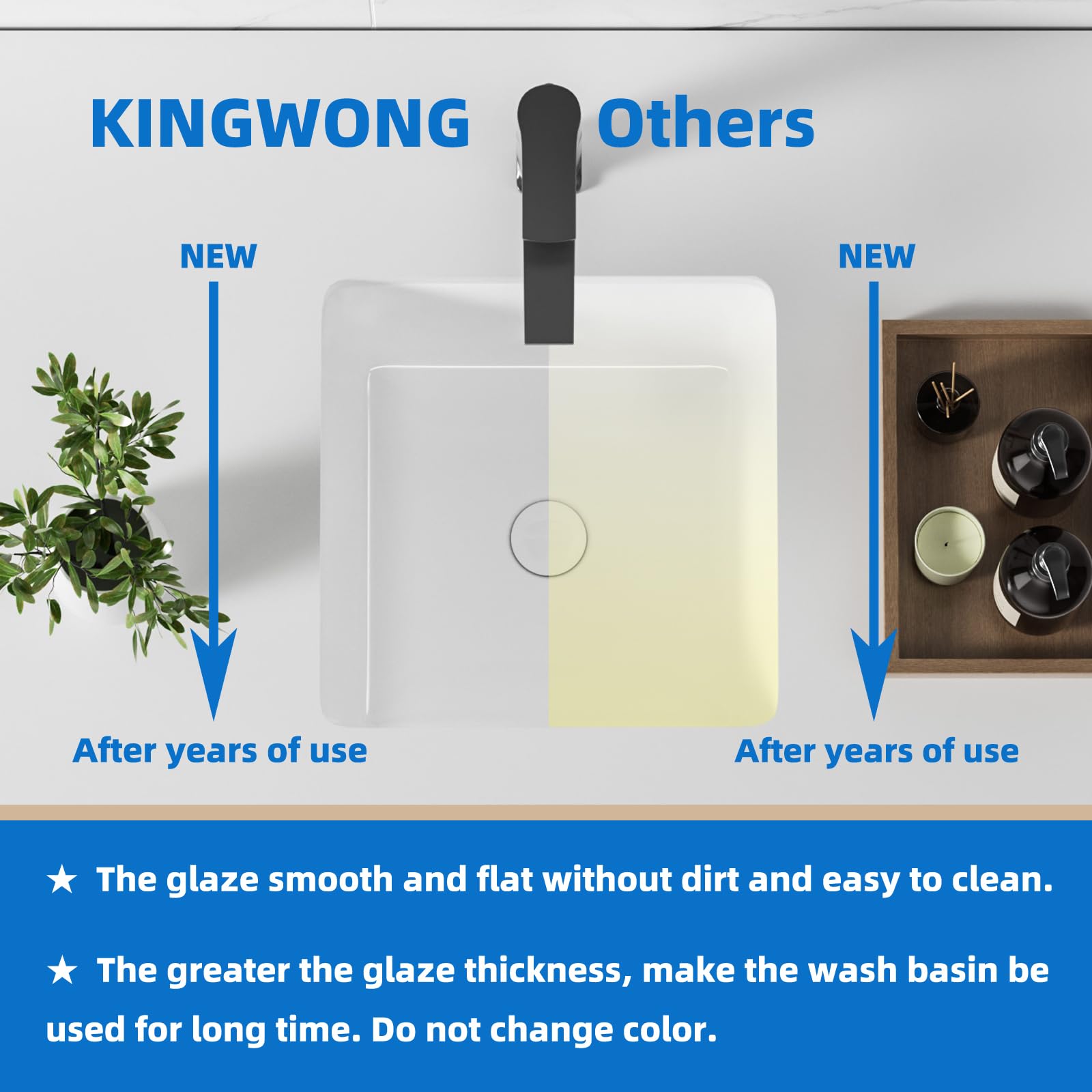 KINGWONG 14 Inch Small Square Undermount Bathroom Sink, 13.75" Ceramic White Porcelain Under Counter Basin for Vanity, Modern Rectangular Sink with Overflow Hole, Easy to Clean, Interior 11.5" x 11.5"