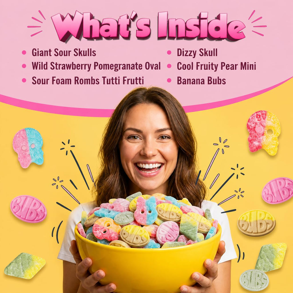 BUBS Swedish Candy Mix 1 lb - Authentic Sweet and Sour Swedish Gummies - Gelatin-Free Vegan Gummy Candy Assortment, Imported from Sweden - Foam Candy - Big Ovals, Dizzy Skulls, Tutti Frutti and More