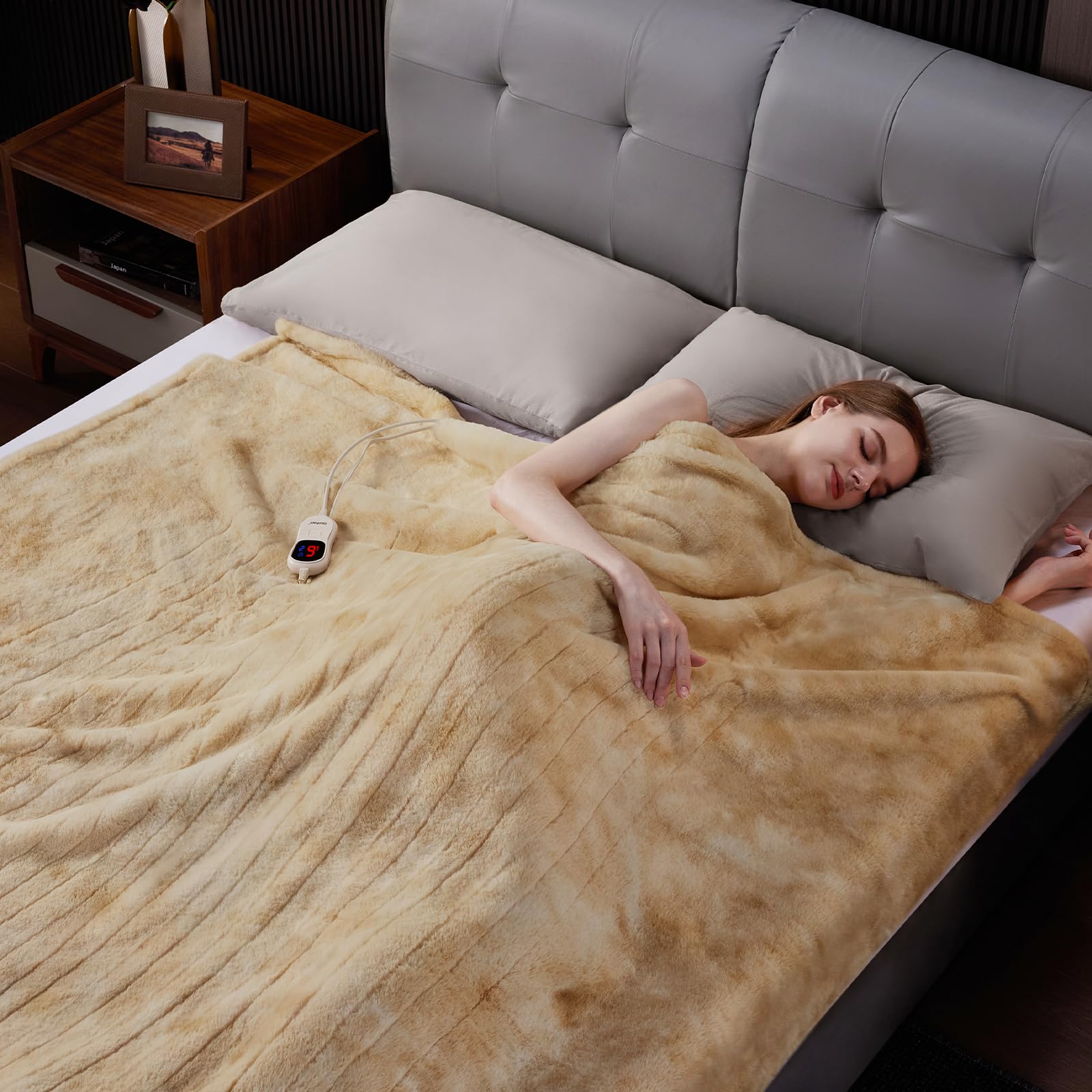Guohaoi Heated Blanket Electric Throw, Soft Faux Rabbit Fur Electric Blanket with 10 Heating Levels 5 Sitting Timer Auto Off, Cozy Warm Heating Blankets, Machine Washable(50"×60" Beige)
