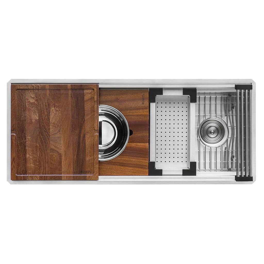 Ruvati 33-inch Workstation Kitchen Sink - Dual Tier Double Bowl Kitchen Sink - Low Divide Undermount Sinks - 16 Gauge Stainless Steel Kitchens Sinks - RVH8255