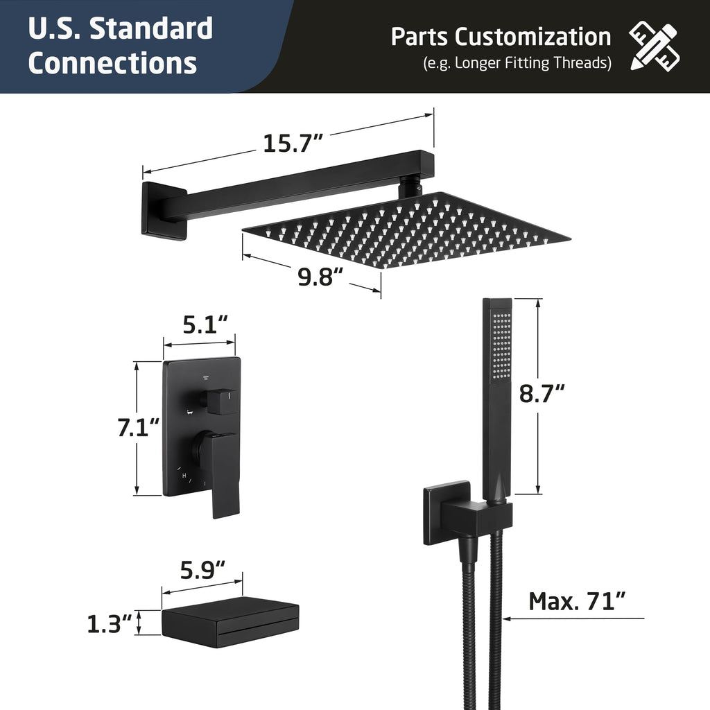 KES Tub and Shower Faucet Set Shower System with 10-Inch Rain Shower Head and Waterfall Tub Faucet Wall Mount Shower Valve and Trim Kit Included Matte Black, XB6240-BK