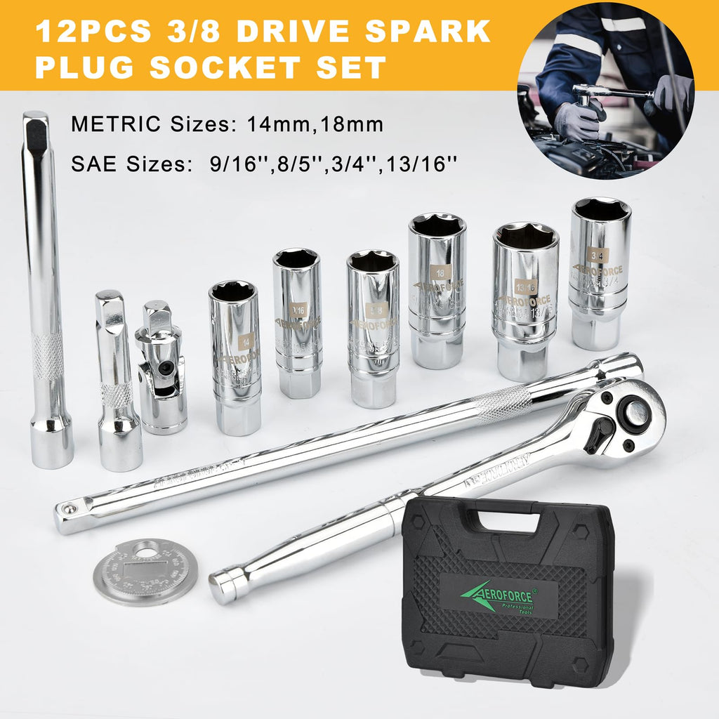 AEROFORCE 3/8-Inch Drive Spark Plug Socket Set 8PCS - Includes 6 Point Sockets 5/8-inch, 3/4-inch and 13/16-inch, 12 Point Sockets 14mm&18mm, 2 Extension Bars,Universal Joint