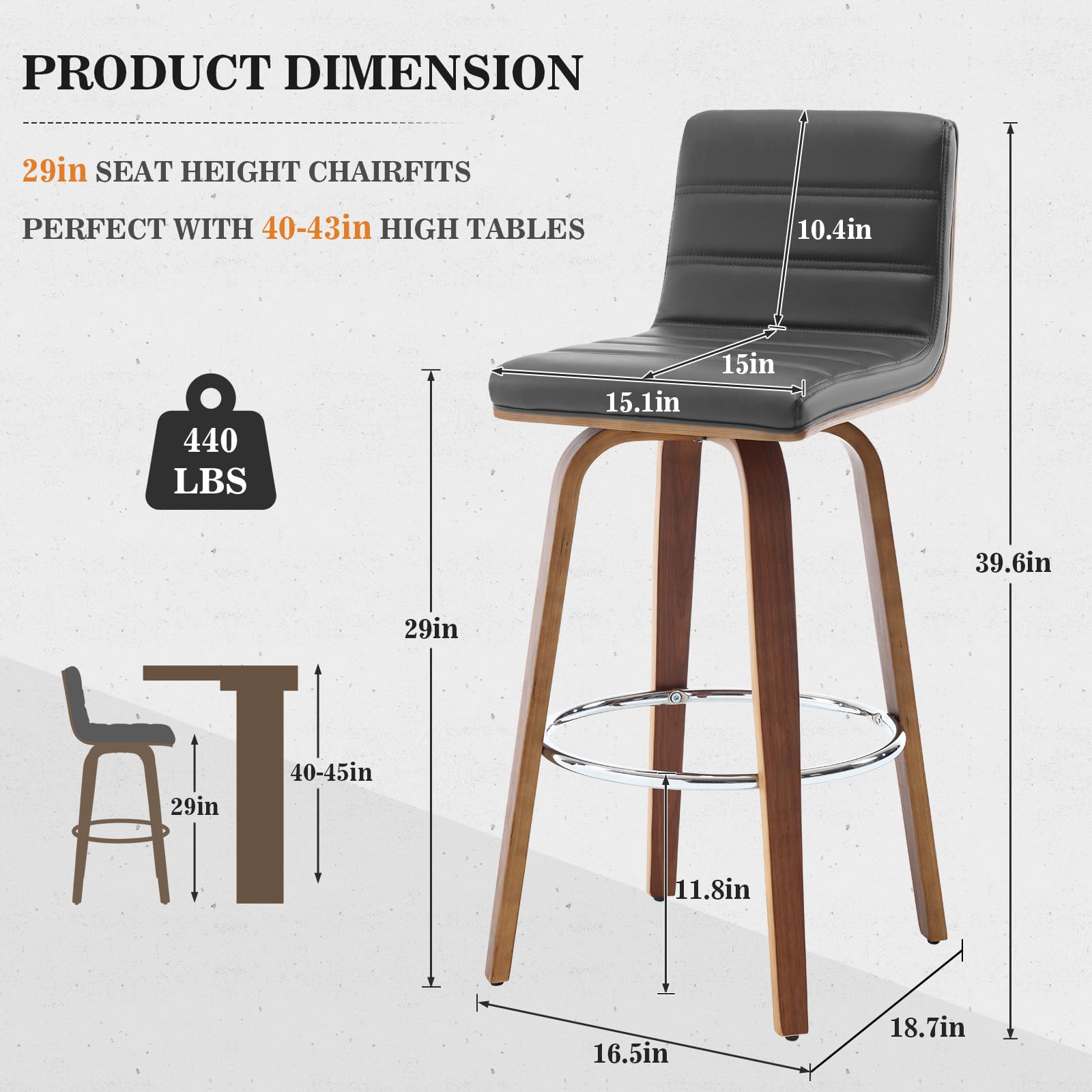 Bar Stools 29 Inch Bar Height, Swivel Bar Stools with Backs Upholstered PU Leather Barstool, L Shape Back and Padded Seat, Mid-Century Modern Bar Stool Pub Chairs for Kitchen Counter Island, Black