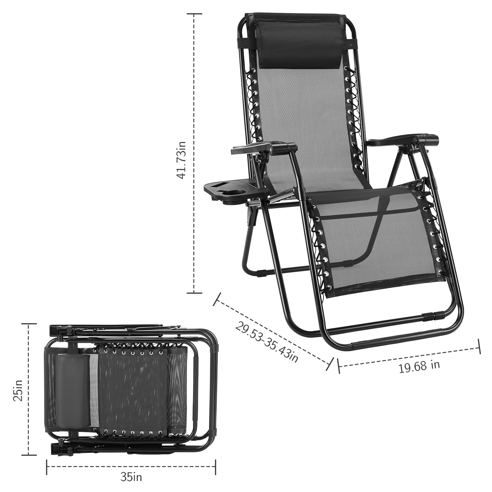 Sweetcrispy Zero Gravity Chairs, Set of 4 Portable Recliner Beach Camping Patio Outdoor Folding Lounge Chair with Cup Holder Trays and Adjustable Pillow for Poolside, Garden, Backyard, Lawn, Black