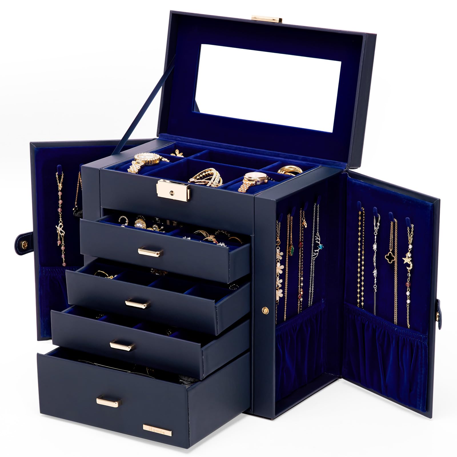 Homde Mothers Day Gifts Synthetic Leather Huge Jewelry Box Mirrored Watch Organizer Necklace Ring Earring Storage Lockable Gift Case (Black + Gold)