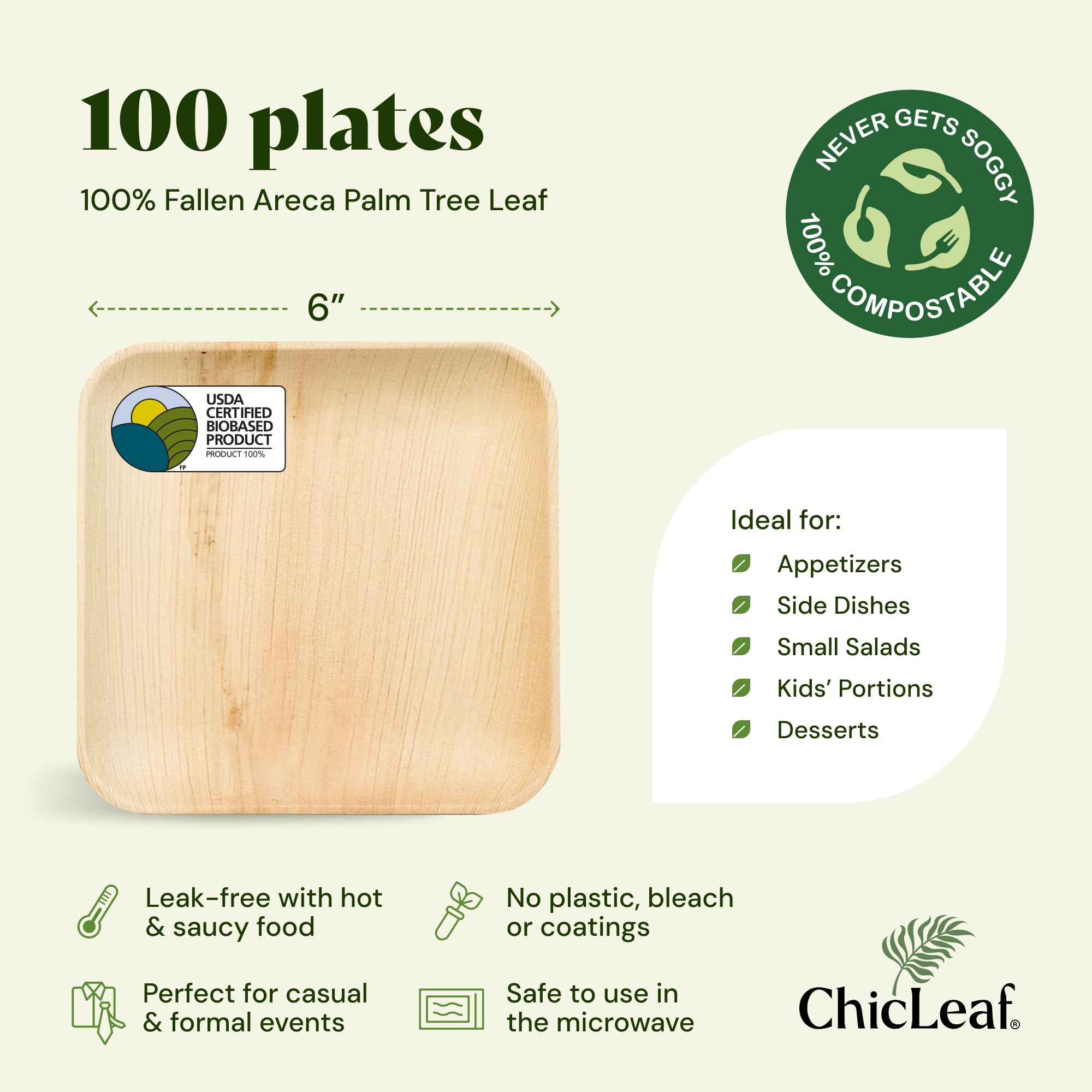 Chic Leaf Palm Leaf Plates - 4 in, 50 Pack, Compostable | Heavy-duty bamboo-style small plates - Use for appetizers & desserts at weddings, parties & picnics