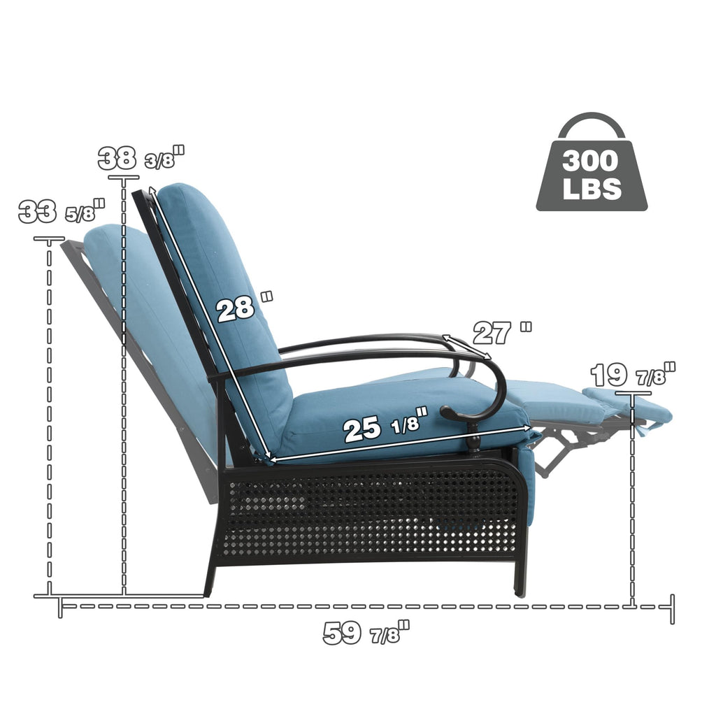 Kozyard Adjustable Outdoor Reclining Lounge Chair, Cushioned Patio Chaise Lounge with Extendable Metal Frame for Sunbathing, Reading & Relaxing – Comfortable Outdoor Recliner, Aqua