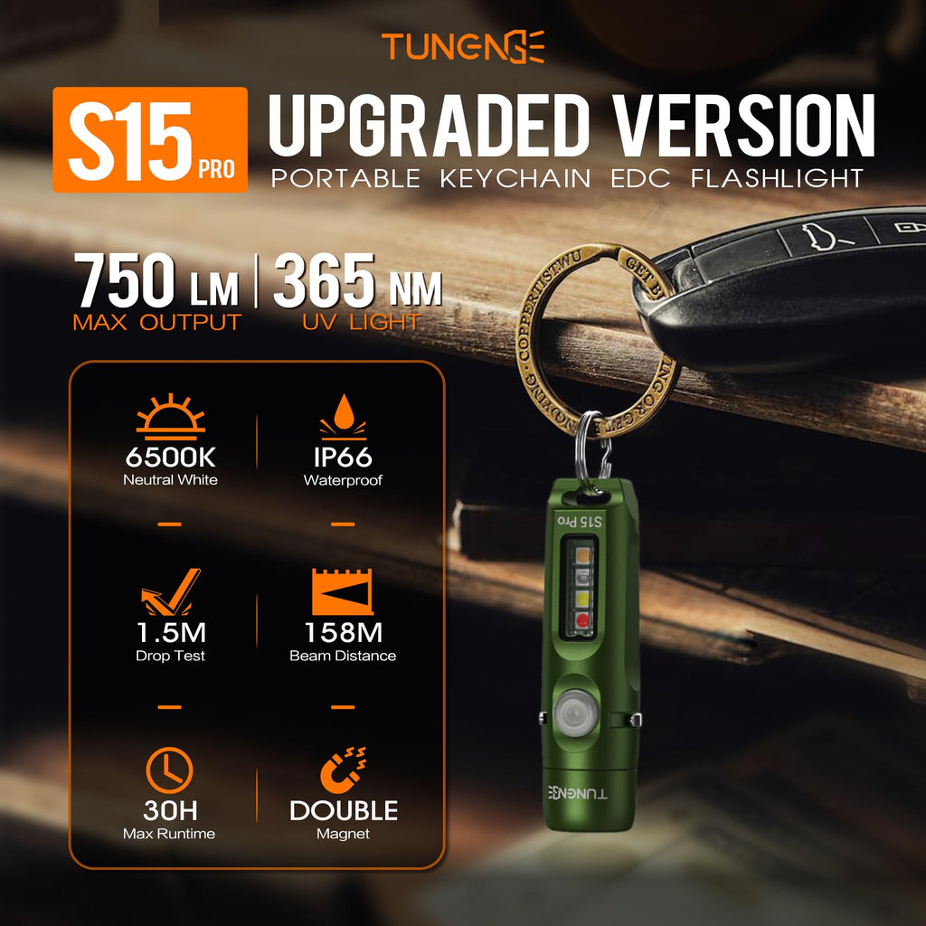 S15PRO-TK 7075 Aluminum Keychain Flashlight Rechargeable, 750 Lumens EDC Mini Flashlight, Pocket Light with 5 Side Light + Screwdriver & Quick-Release Tail Cap for Emergencies, Maintenance, Khaki