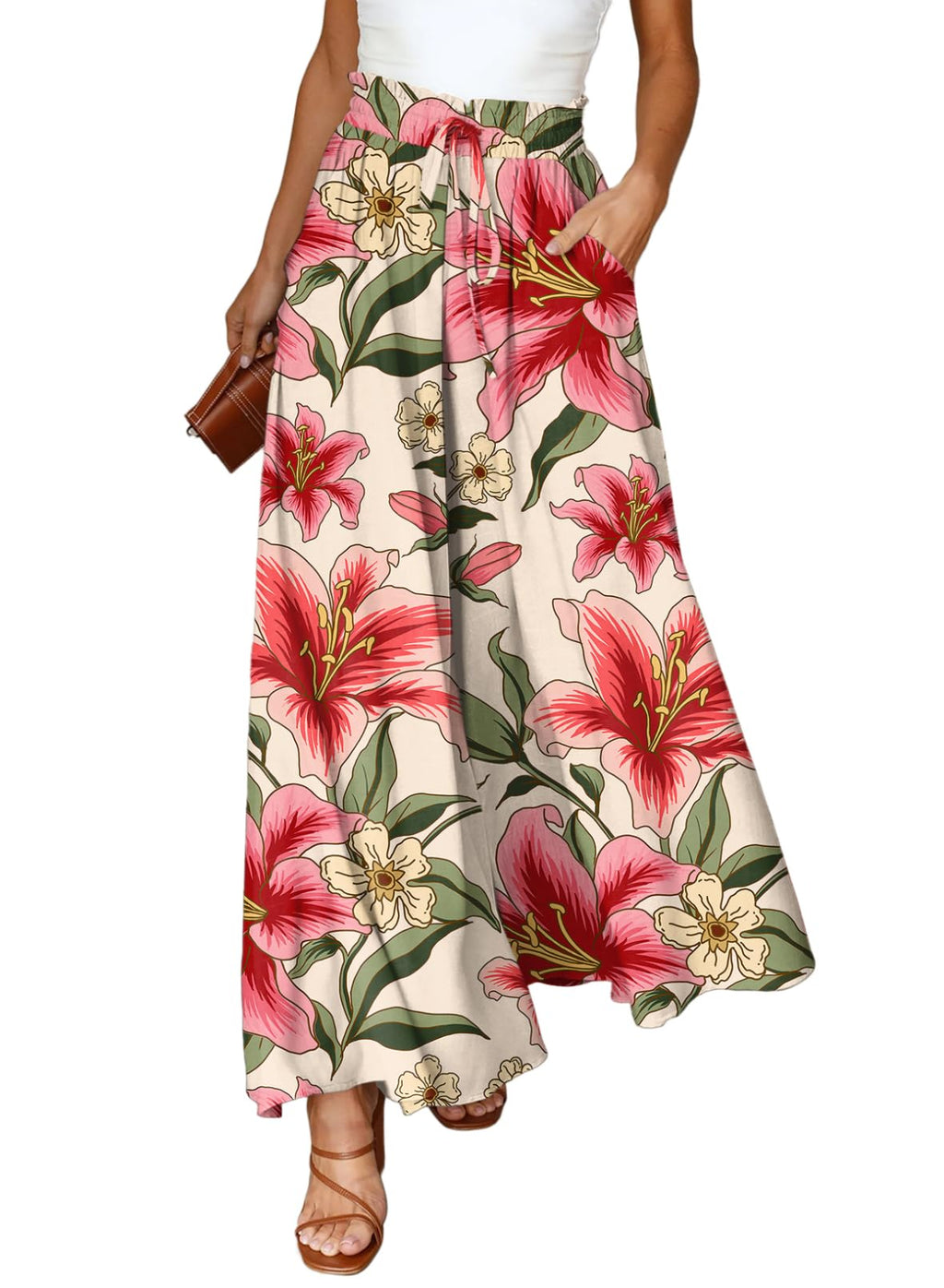 Dokotoo Pants for Women Casual Elastic Waist Wide Leg Pants with Pockets