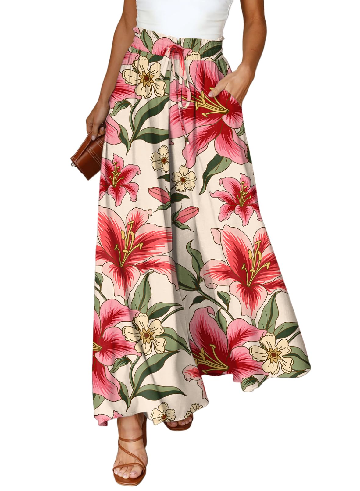 Dokotoo Pants for Women Casual Elastic Waist Wide Leg Pants with Pockets