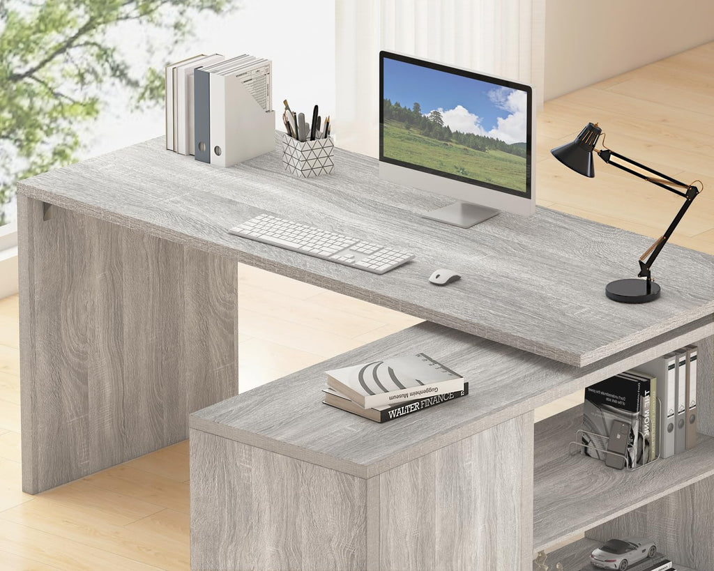 HSH Black L Shaped Computer Desk, Corner Desk with Storage Cabinet Shelves, Reversible Industrial Wood Executive Workstation, L-Shaped Home Office Table for Work Study Writing Gaming, 55 Inch