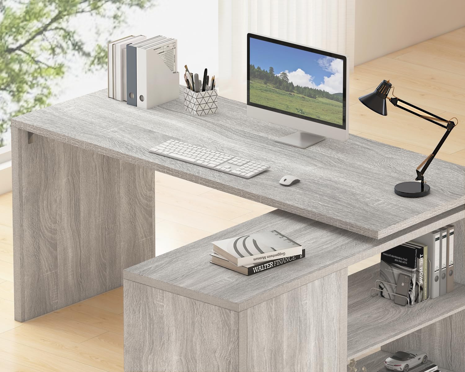 HSH Black L Shaped Computer Desk, Corner Desk with Storage Cabinet Shelves, Reversible Industrial Wood Executive Workstation, L-Shaped Home Office Table for Work Study Writing Gaming, 55 Inch