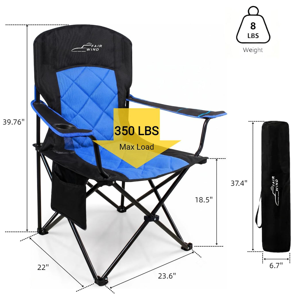 FAIR WIND Oversized Padded Camping Chair 2 Pack 350 LBS Capacity Fully Padded Lawn Quad Chair with Side Pocket & Cup Holder, Heavy Duty Lawn Chair for Outside, Tailgating, Beach, Sports